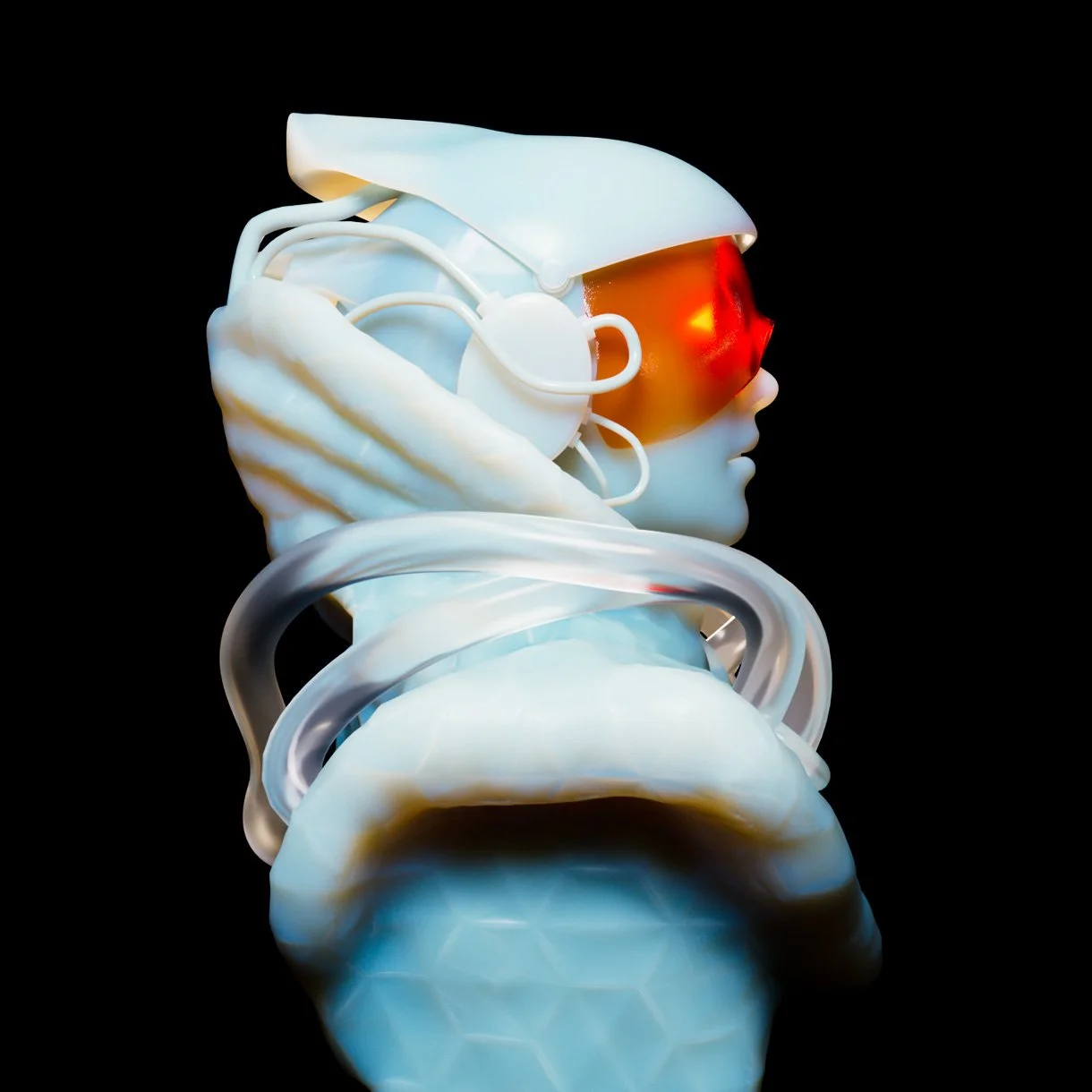Futuristic robot or cyborg with smooth white surface, red visor, and transparent tubing, set against a black background.