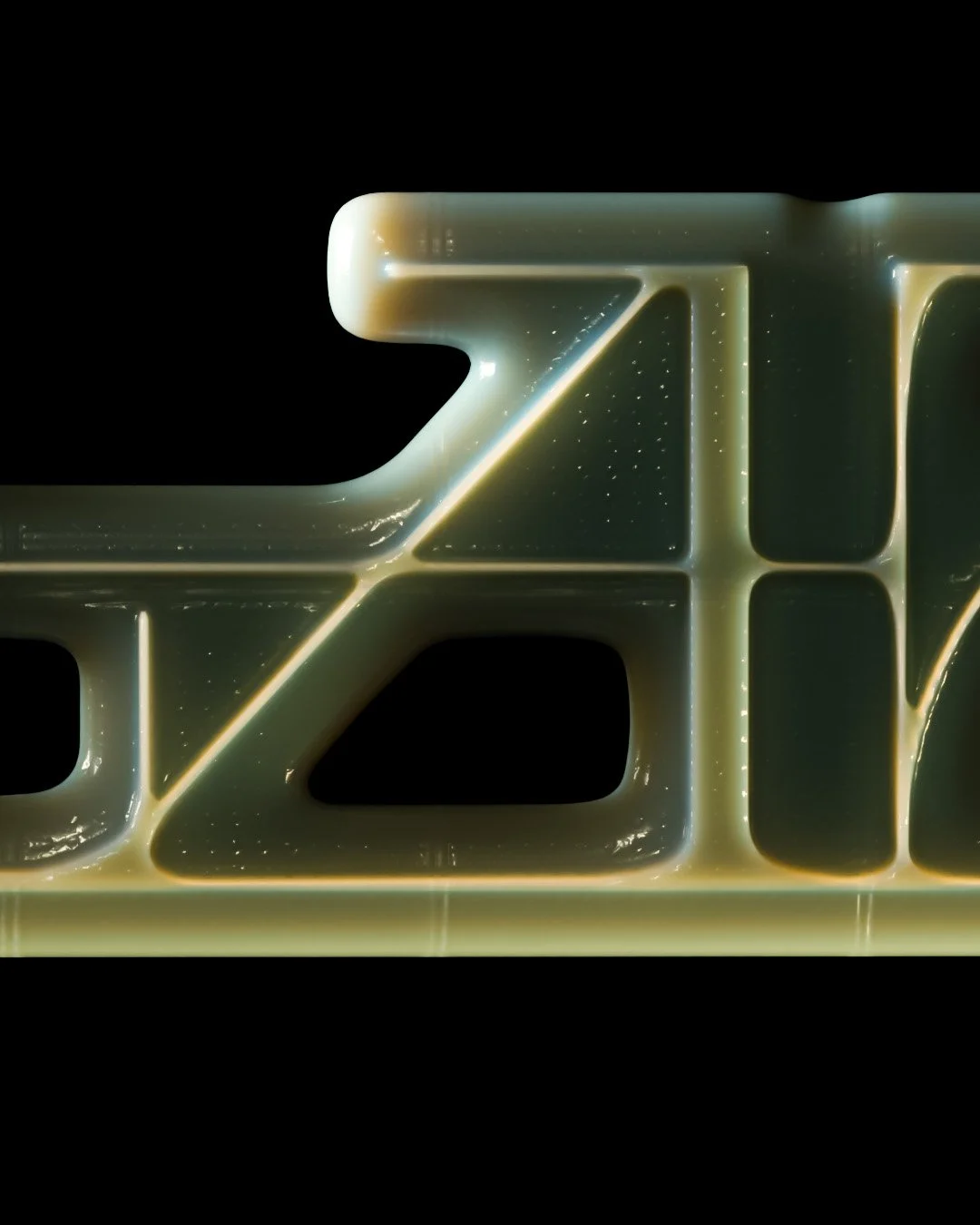 Close-up of a shiny, reflective, futuristic surface with geometric patterns and a dark background.