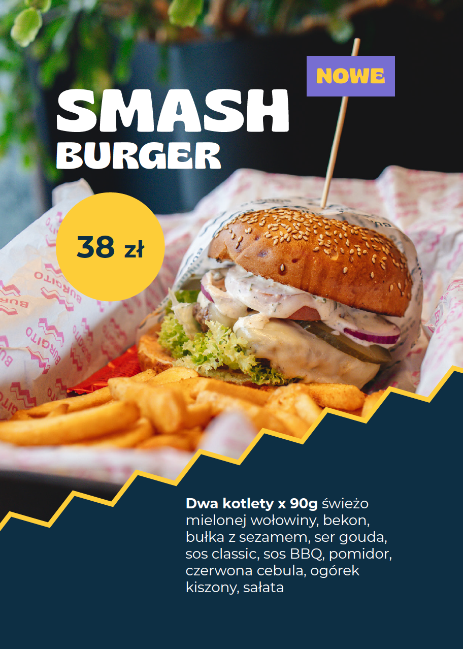 Burger z sałatą, ogórkiem kiszonym, cebulą, serem i sosem w bułce z sezamem, podany z frytkami. Zdjęcie jest częścią menu promocyjnego smash burgera w cenie 38 zł.