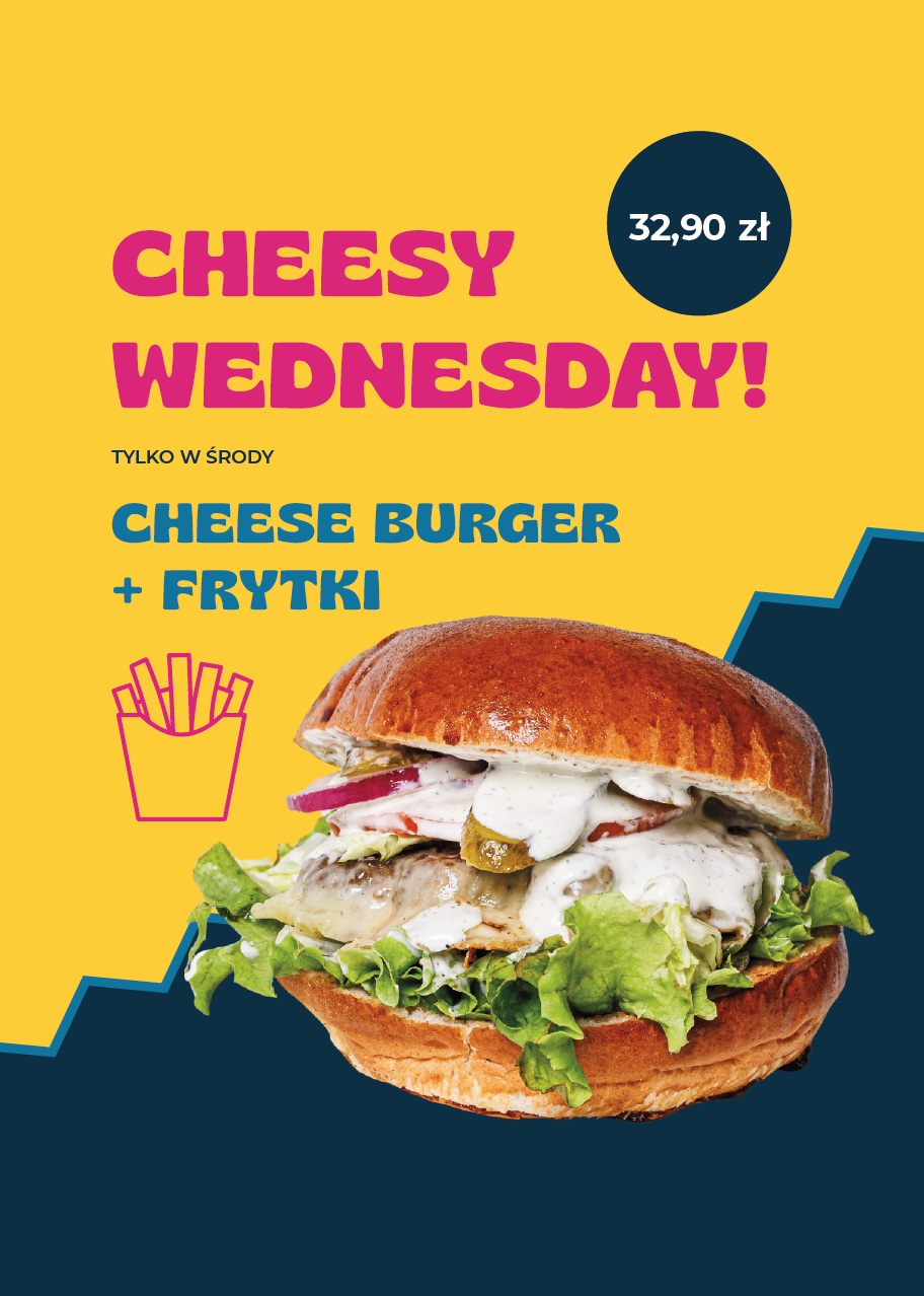 Jasnożółty plakat promocyjny reklamujący specjalną ofertę na cheeseburgera z frytkami w cenie 32,90 zł, zawierający zdjęcie cheeseburgera z sałatą, serem i dodatkami.