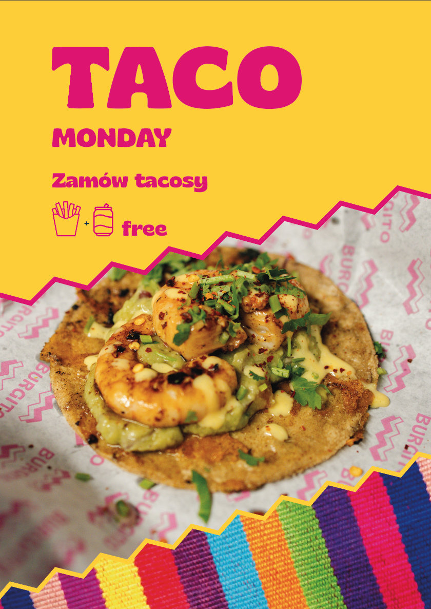 Plakat promocyjny „Taco Monday” przedstawiający zbliżenie taco z krewetkami, guacamole i ziołami, na żółtym tle z różowymi i kolorowymi elementami graficznymi.