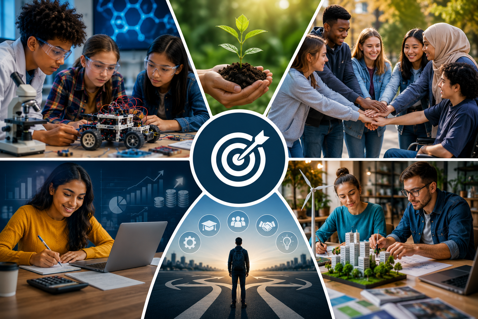 A collage showing various aspects of innovation, teamwork, and sustainability: students working on robotics projects, a hand holding a small plant, a diverse group of people in a team huddle, a woman working on a laptop with graphs, a person standing at a fork in the road with a cityscape and sustainability icons, and two people designing a miniature city with a wind turbine.