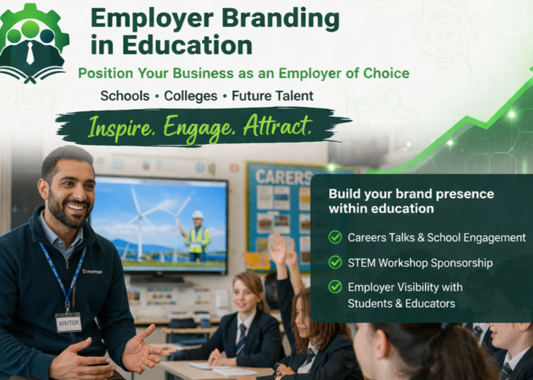 Promotional graphic for employer branding in education showing a smiling man with a visitor badge speaking in a classroom with students, with text emphasizing inspiring and engaging students through school, college, and future talent programs.