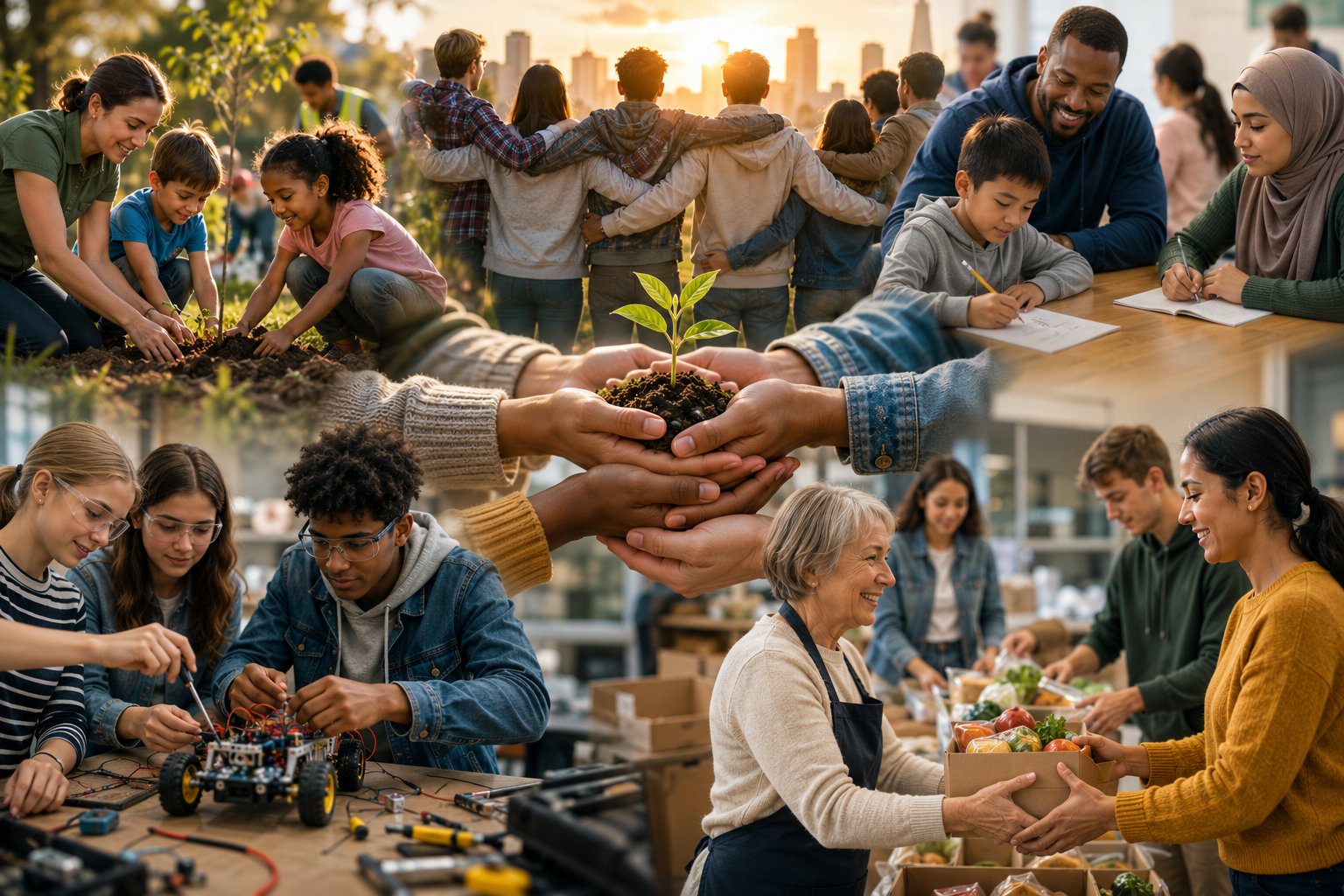 Collage of community and volunteering activities, including planting a young seedling, group hug, children learning and building robotics, and people working in a food bank or community kitchen.