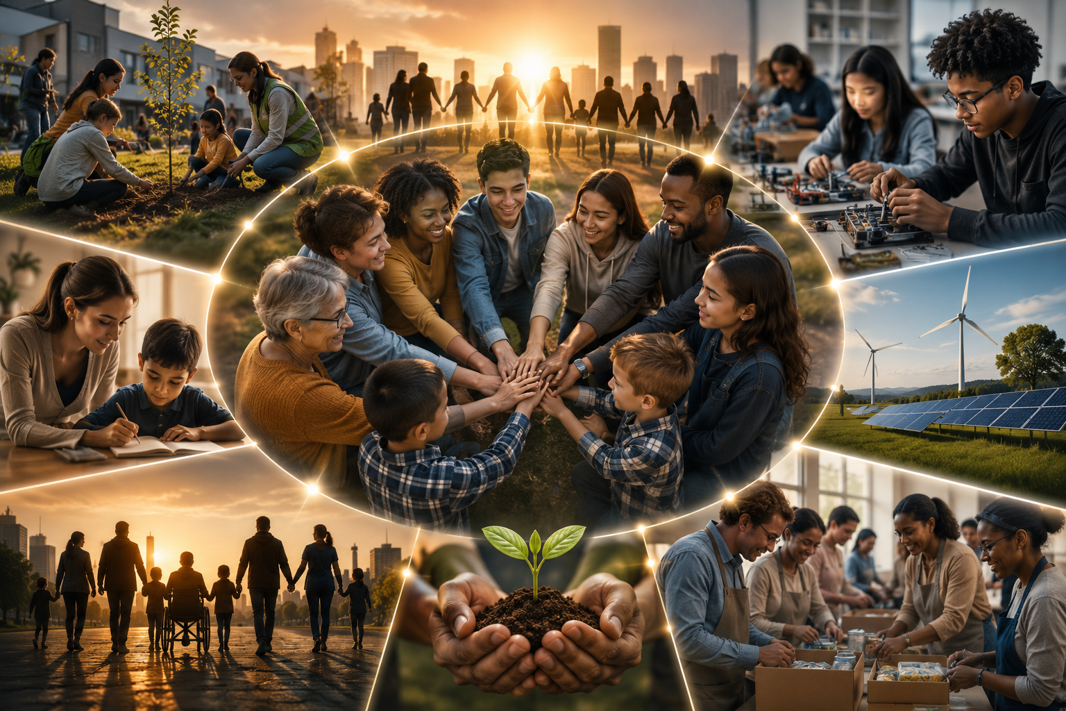 Collage of images showing community activities for environmental sustainability. Includes people planting trees, family and friends holding hands, children studying, renewable energy sources like wind turbines and solar panels, hands holding soil with a sprouting plant, and volunteers working together, with a sunset and city skyline in the background.