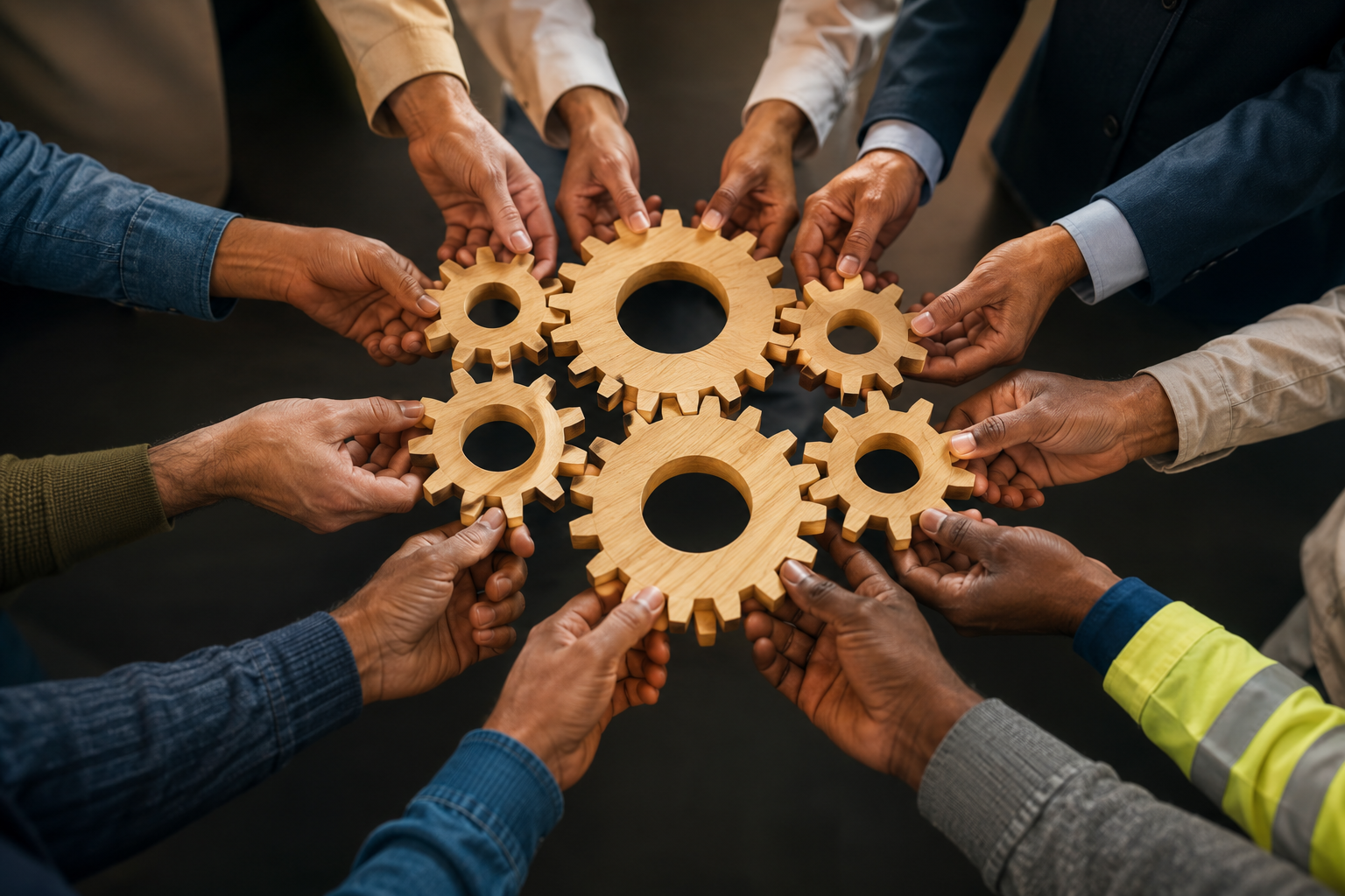 Multiple hands of diverse people holding interconnected wooden gears.