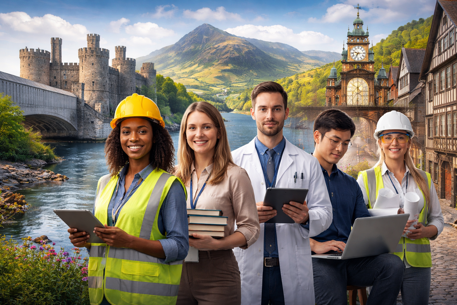 Group of diverse engineers and architects standing outdoors near a river with a castle, mountains, and historic buildings in the background.