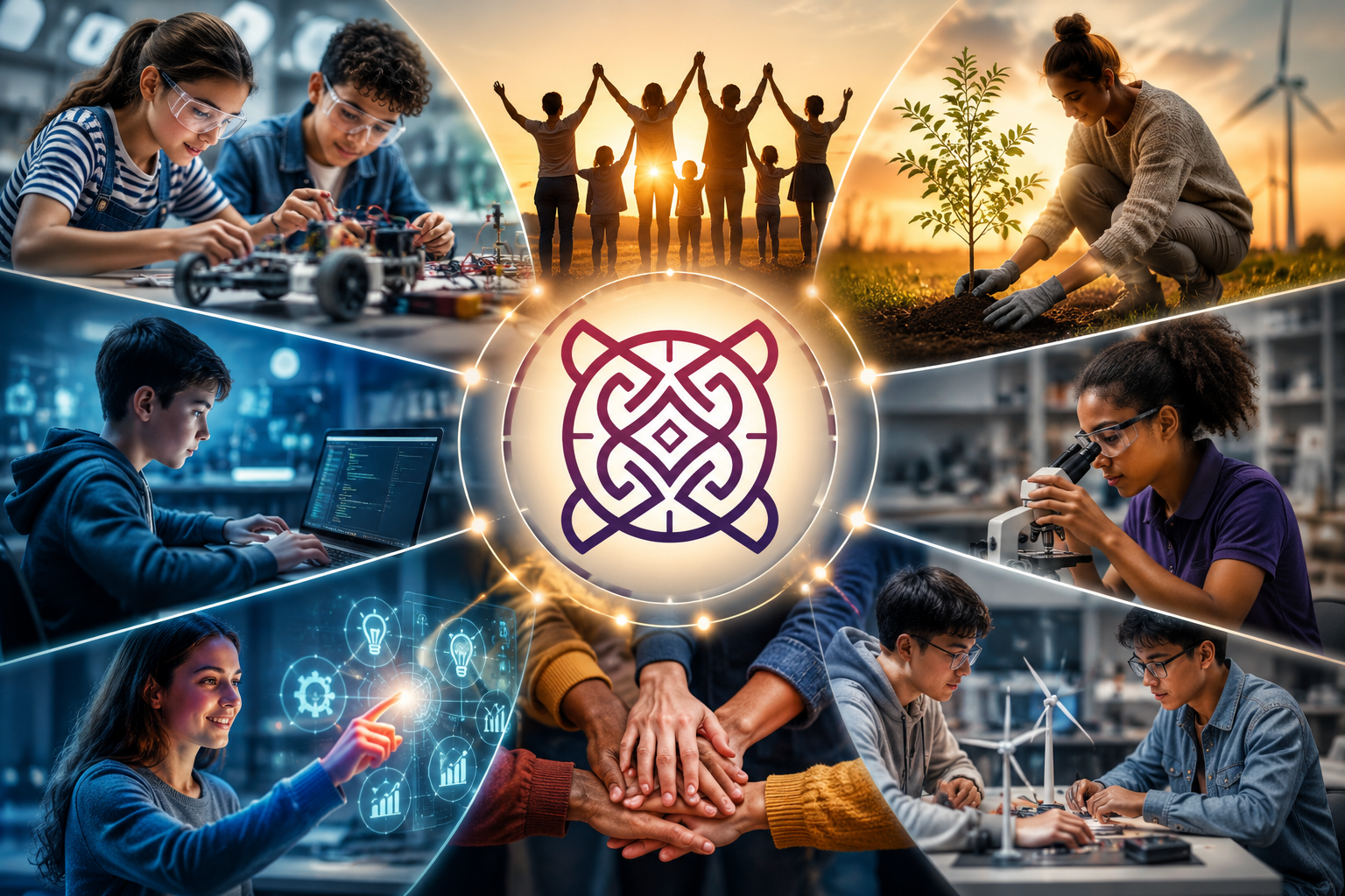Collage of diverse young people engaged in science, technology, teamwork, environmental conservation, and renewable energy activities, centered around a decorative knot symbol.