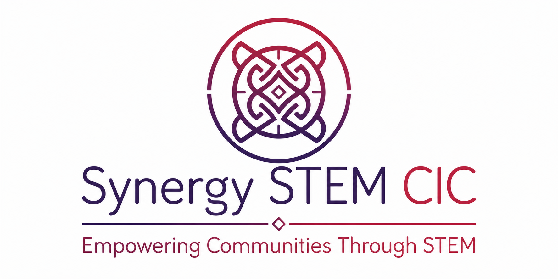Logo for Synergy STEM CIC featuring a stylized symbolic design resembling a bear and the text 'Synergy STEM CIC' with the tagline 'Empowering Communities Through STEM'
