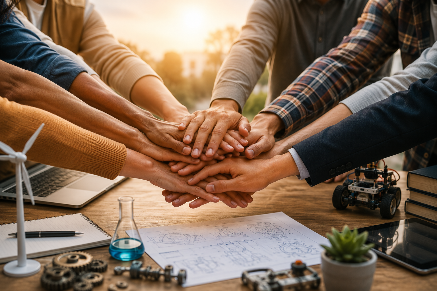 Multiple people placing their hands together in a display of teamwork in a workspace with engineering and technology items such as a small wind turbine, a robot, blueprints, a notebook, and a laptop.