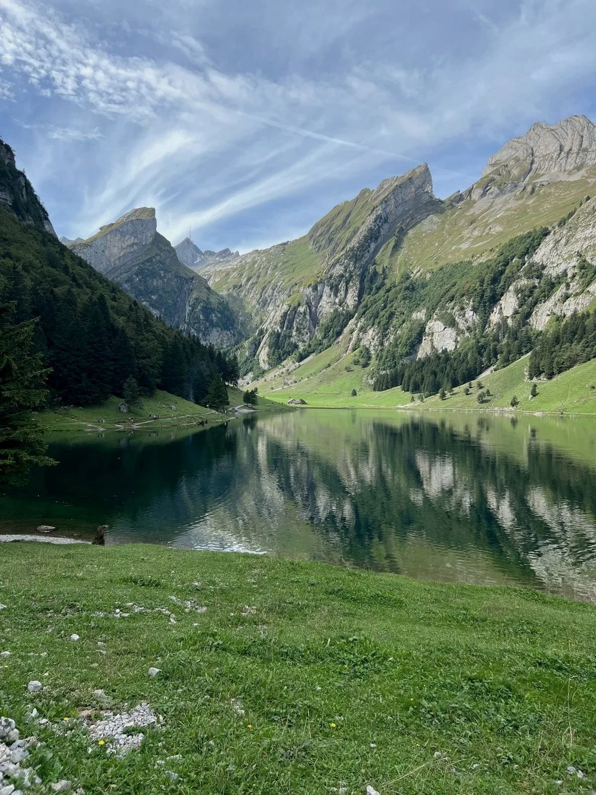 Scenic mountain landscape from a Switzerland lake reflecting the grassy slopes and rocky peaks, under a partly cloudy sky.