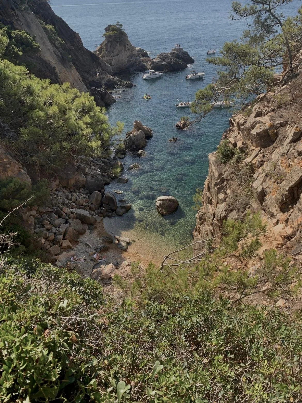 A small beach from the Mediterranean with rocks and green trees.
