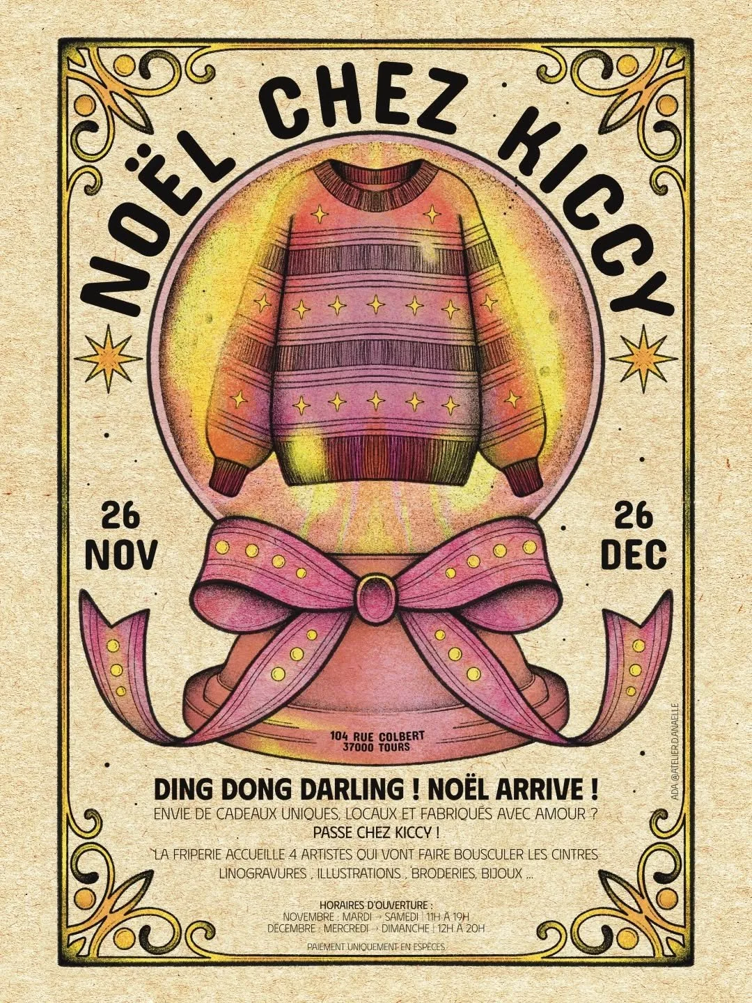 🎄 Ding dong darling ! No&euml;l approche &agrave; grands pas ! 🎄

Envie d&rsquo;offrir des cadeaux styl&eacute;s, faits avec amour par des cr&eacute;ateurs du coin ? Passe faire un tour chez Kiccy

✨ Du 26 novembre au 26 d&eacute;cembre,  4 artiste