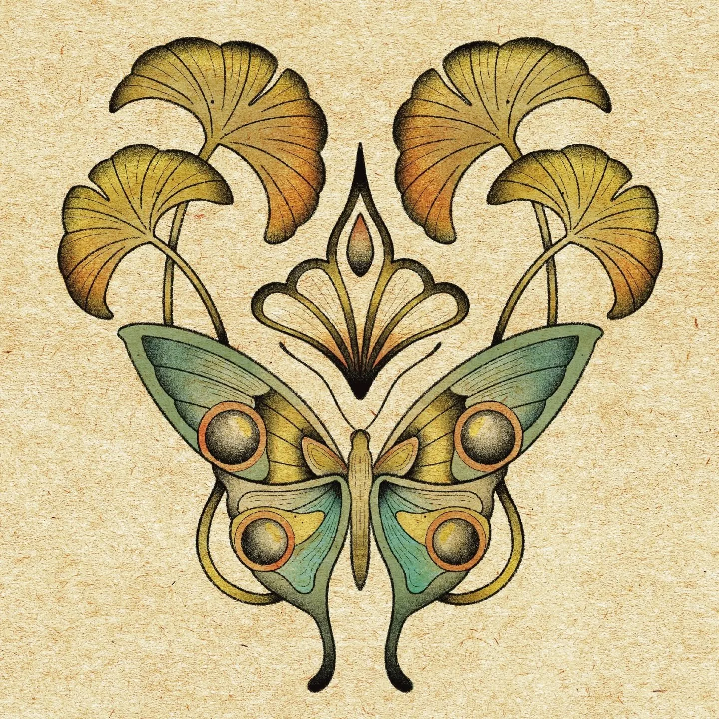 ⭐Nouveau flash ⭐

Je propose deux planches : l&rsquo;une en couleur et l&rsquo;autre en noir. tu peux voter pour me dire ta pref' 

Un papillon entour&eacute; d&rsquo;ornements et de feuilles inspir&eacute;es du ginkgo.  Un petit talisman rempli de d