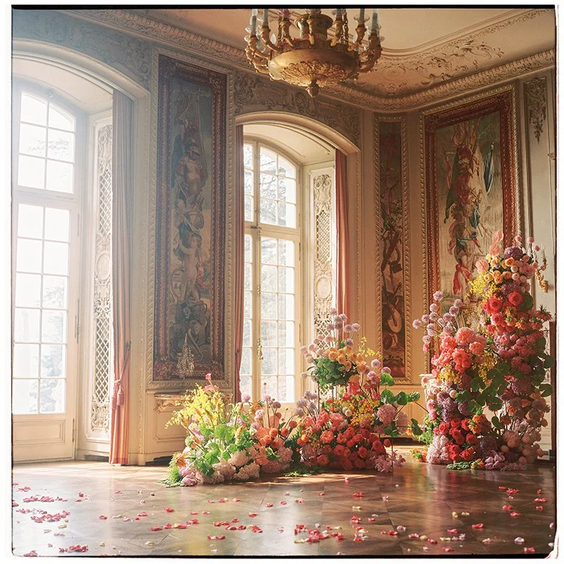 Ein grosser alter Raum ist gefüllt mit bunten Blumen.