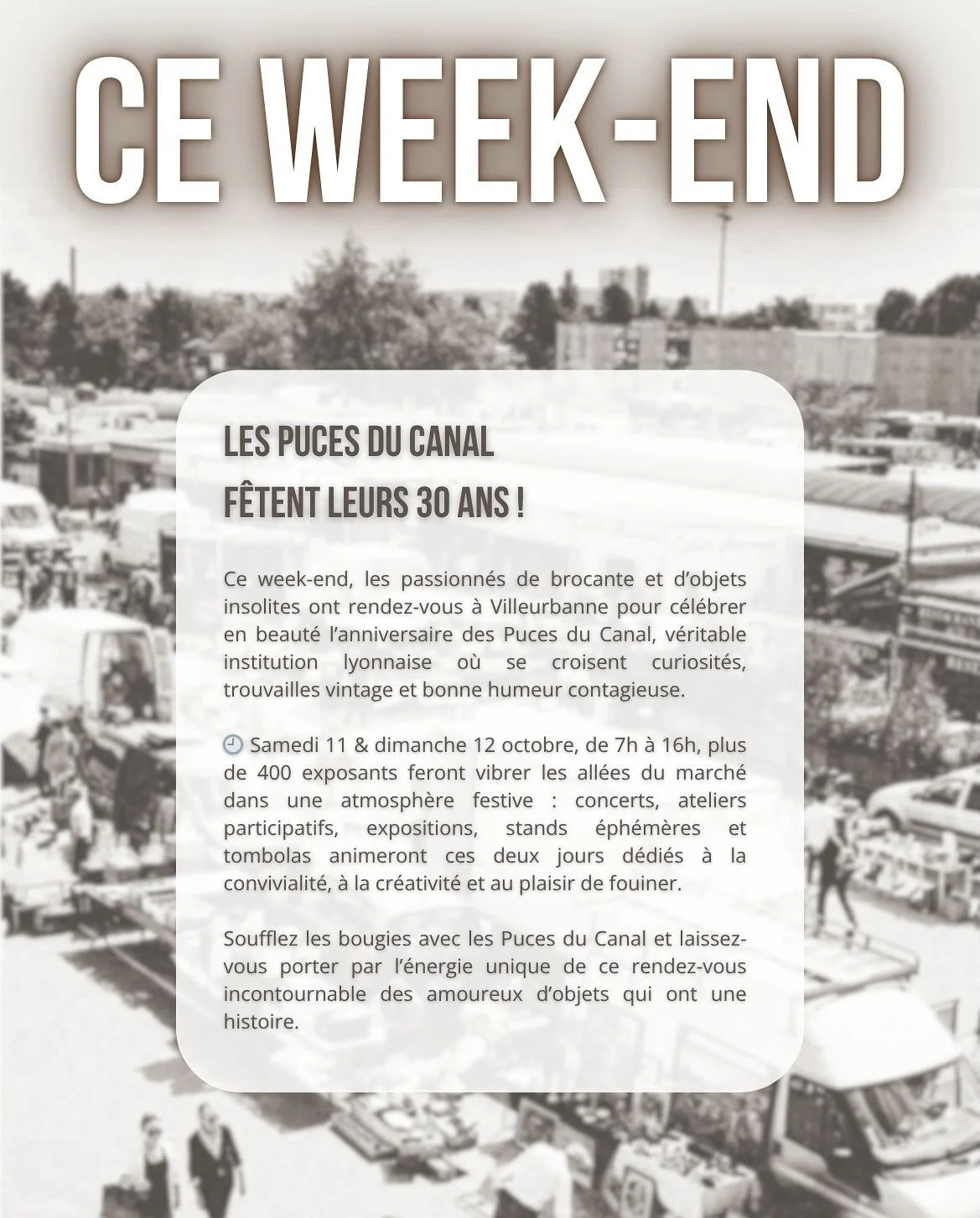 30 ANS DES PUCES DU CANAL ✨
Nous vous attendons ce samedi et ce dimanche de 8h &agrave; 16h pour ce week-end de f&ecirc;te 🥂

2 lots de tombola de nos trouvailles sont &agrave; gagner 🤍 
N&rsquo;oubliez pas de vous inscrire avec le lien en bio. 

@