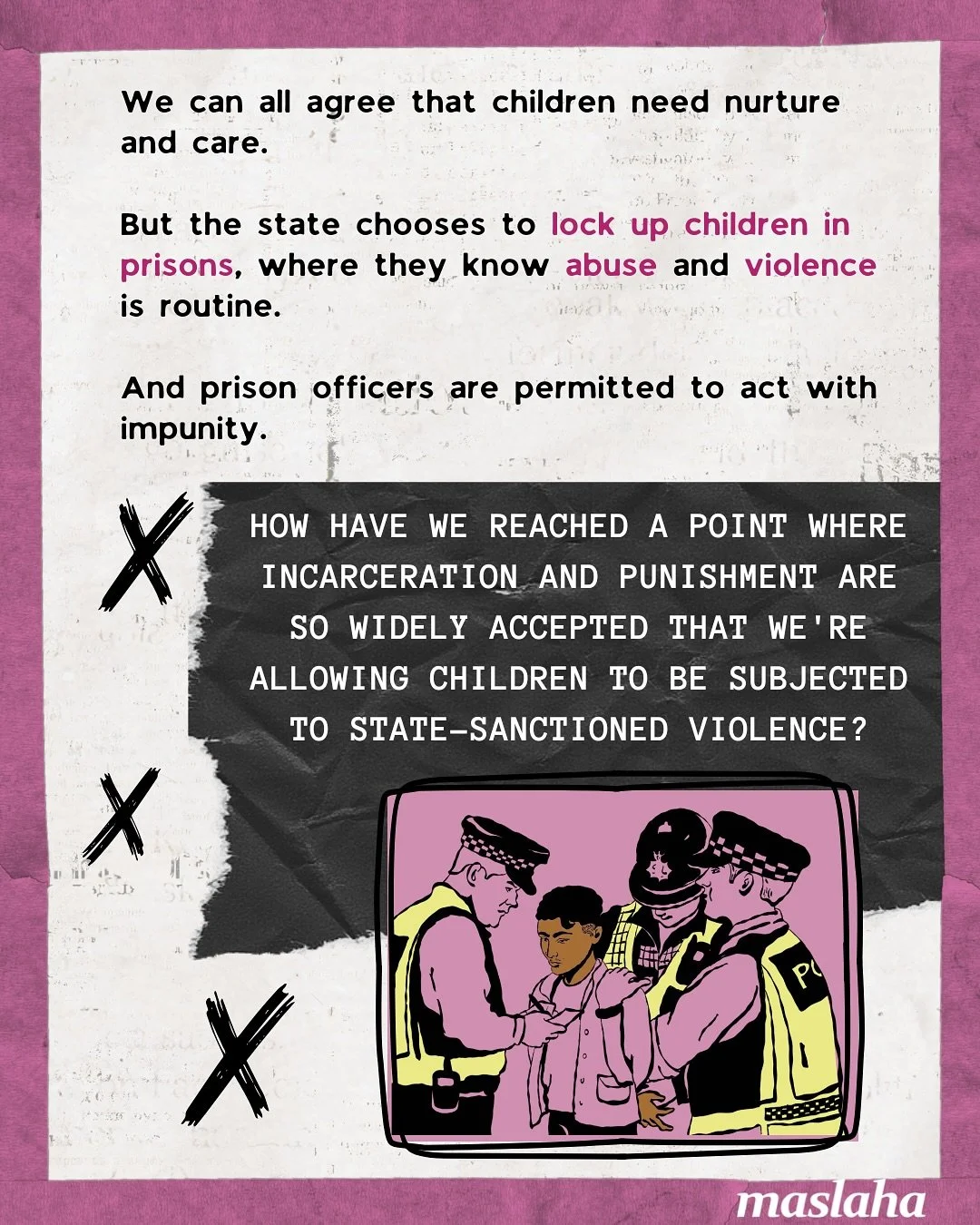 Instead of investing in community care and youth centres, the government funds cages and weapons to brutalise Black and brown children. This system is racist by design. Our children deserve nurture and care ❤️&zwj;🩹