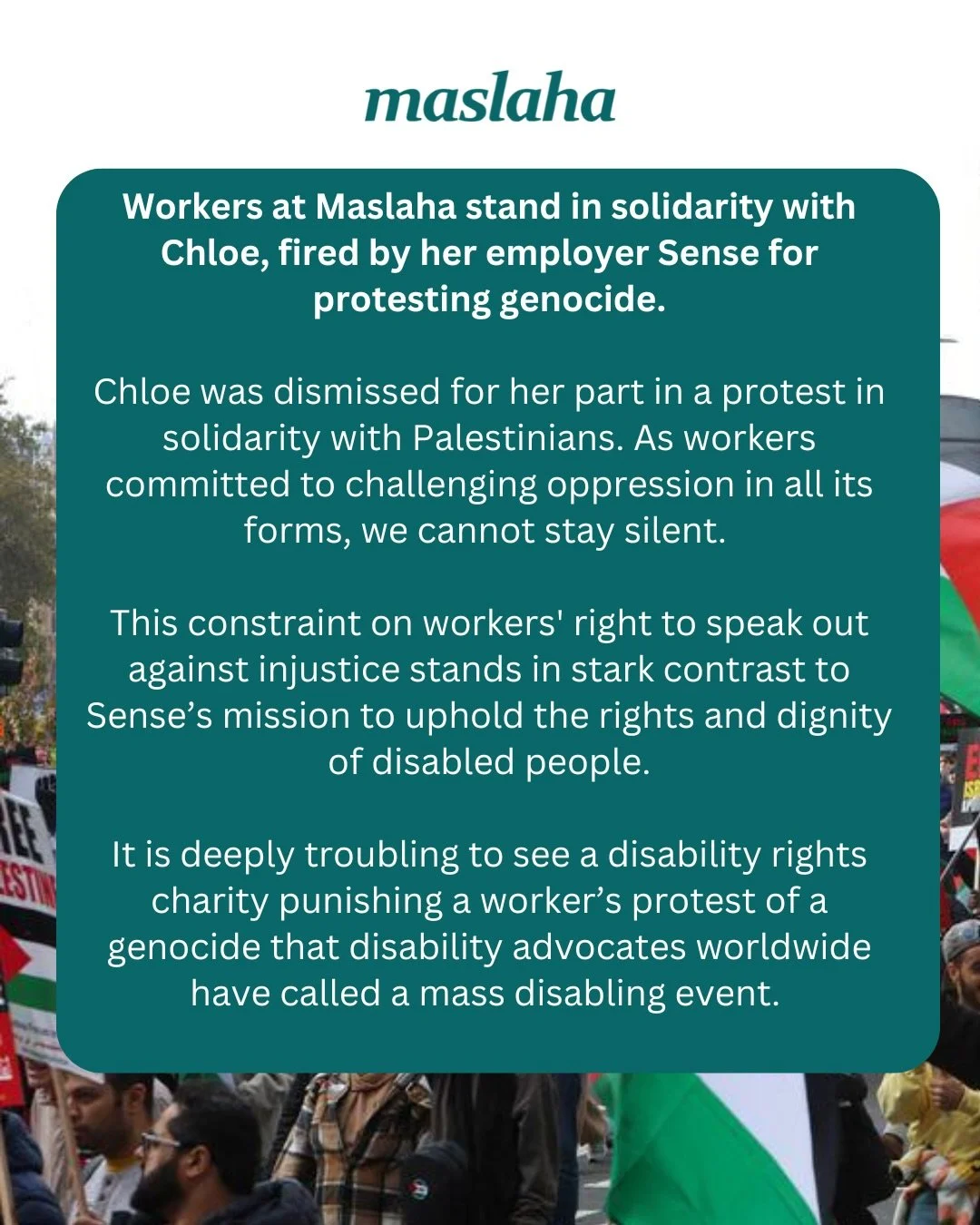 We stand in solidarity with Chloe and all workers who are being punished, surveilled and policed for standing with Palestinians.