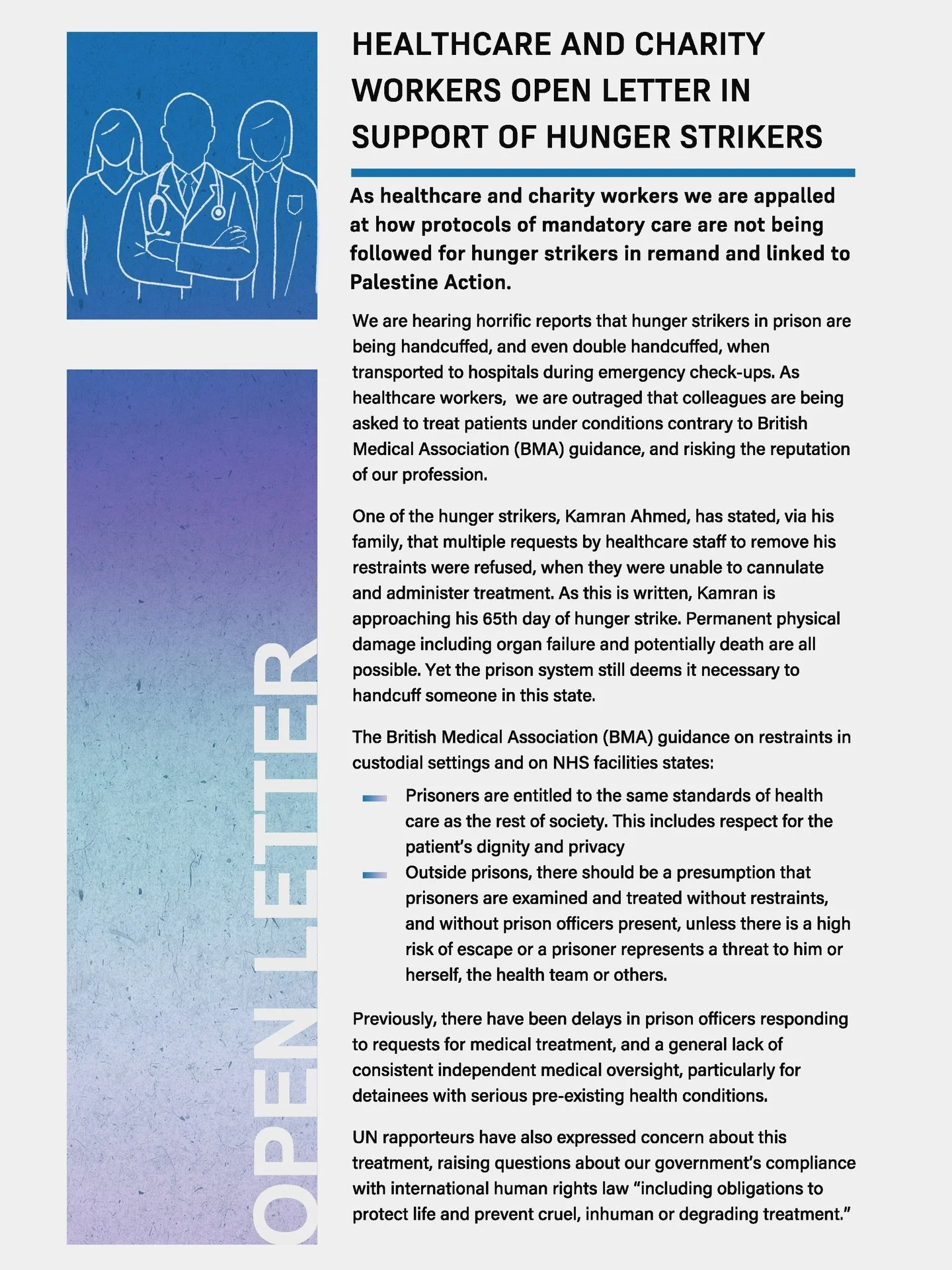 Alongside 170+ healthcare workers and sector organisations, we&rsquo;ve written a statement condemning the treatment of Palestine activists in UK prisons. Six of them have been on hunger strike protesting their conditions, with two now close to death