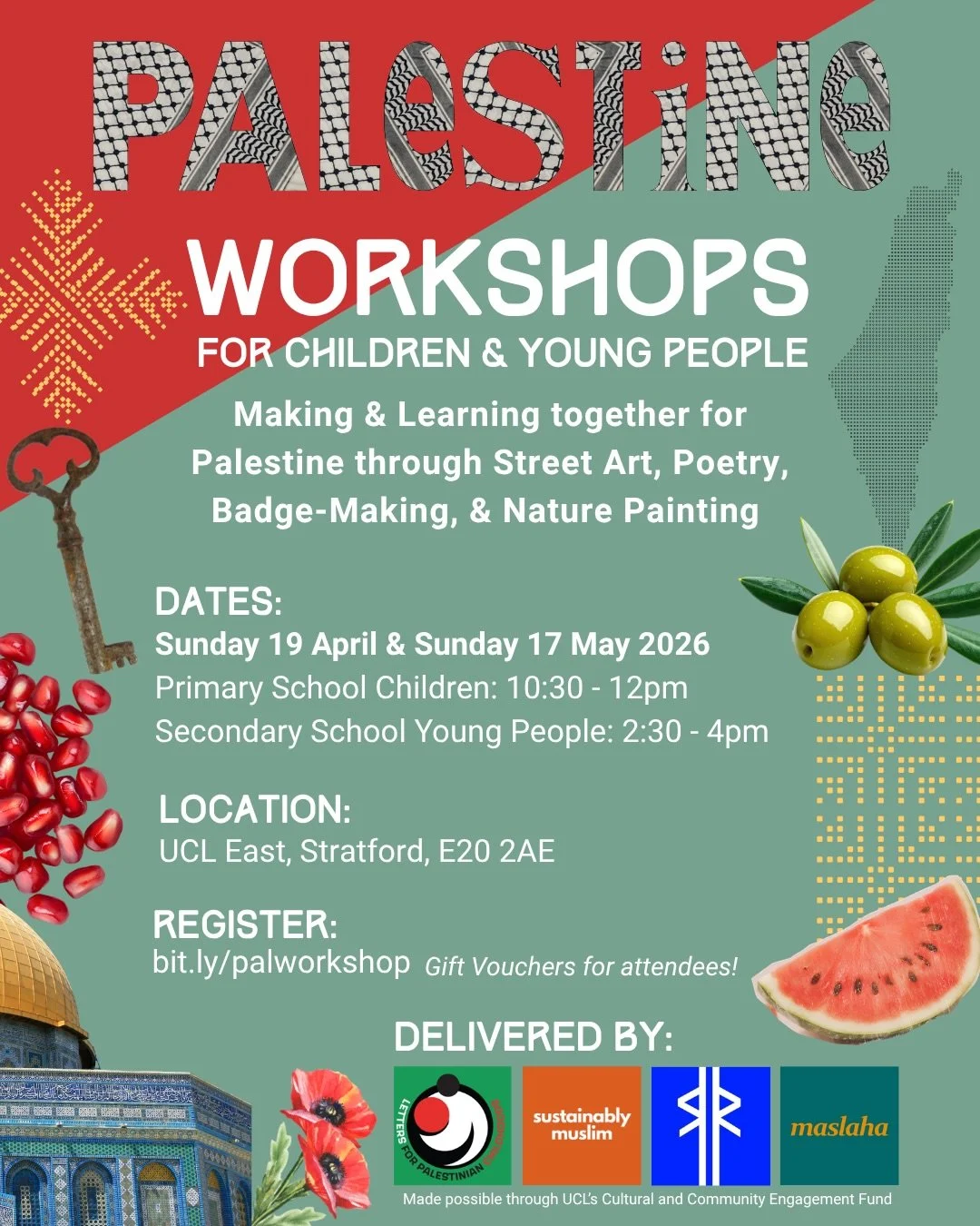 Letters for Palestinian Childhoods and Maslaha, in collaboration with Sustainably Muslim and Rabbit Roads Press, invite children and young people to join creative workshops exploring Palestine, solidarity and community.

Together we will:
🎨Create ar