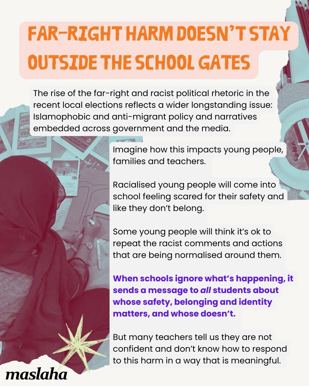 🌱 Through working collectively, we have the power to build schools grounded in safety, trust and belonging.

Maslaha has been working with families and educators on a new resource to support schools in taking meaningful action. Coming soon ✨