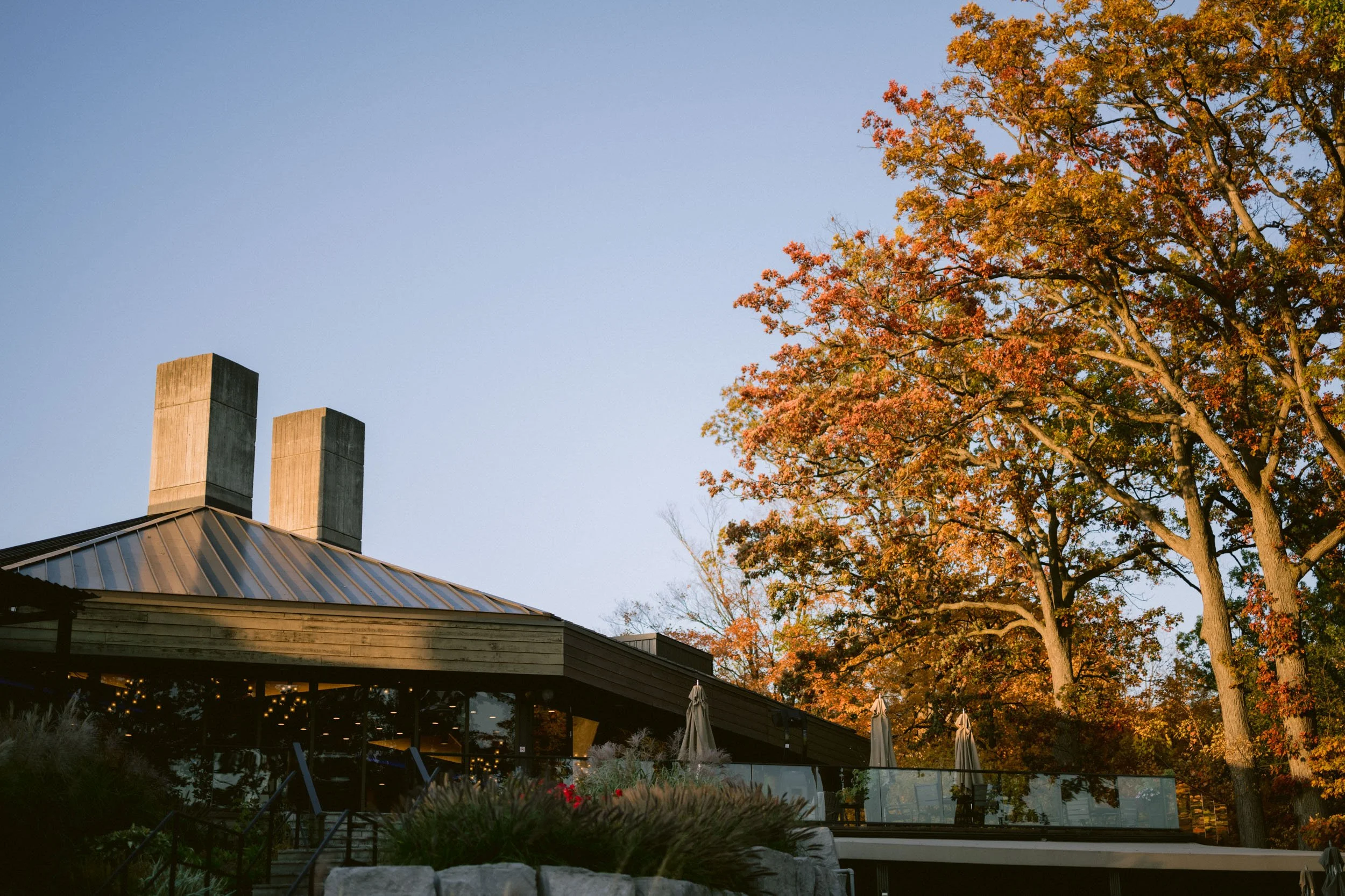 A house with a metal roof and two tall chimneys, surrounded by autumn trees with orange and yellow leaves, and outdoor umbrellas in a garden area at sunset.