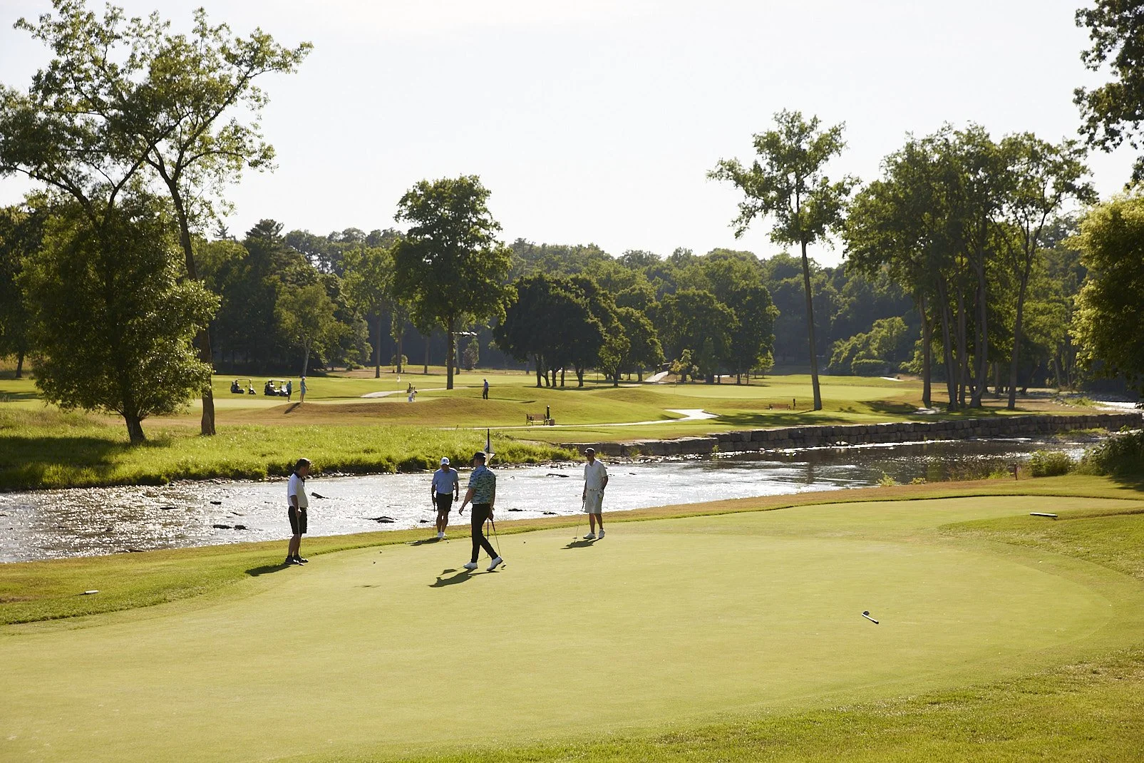 People playing golf on a course near a water hazard, with trees and a sunny sky in the background.