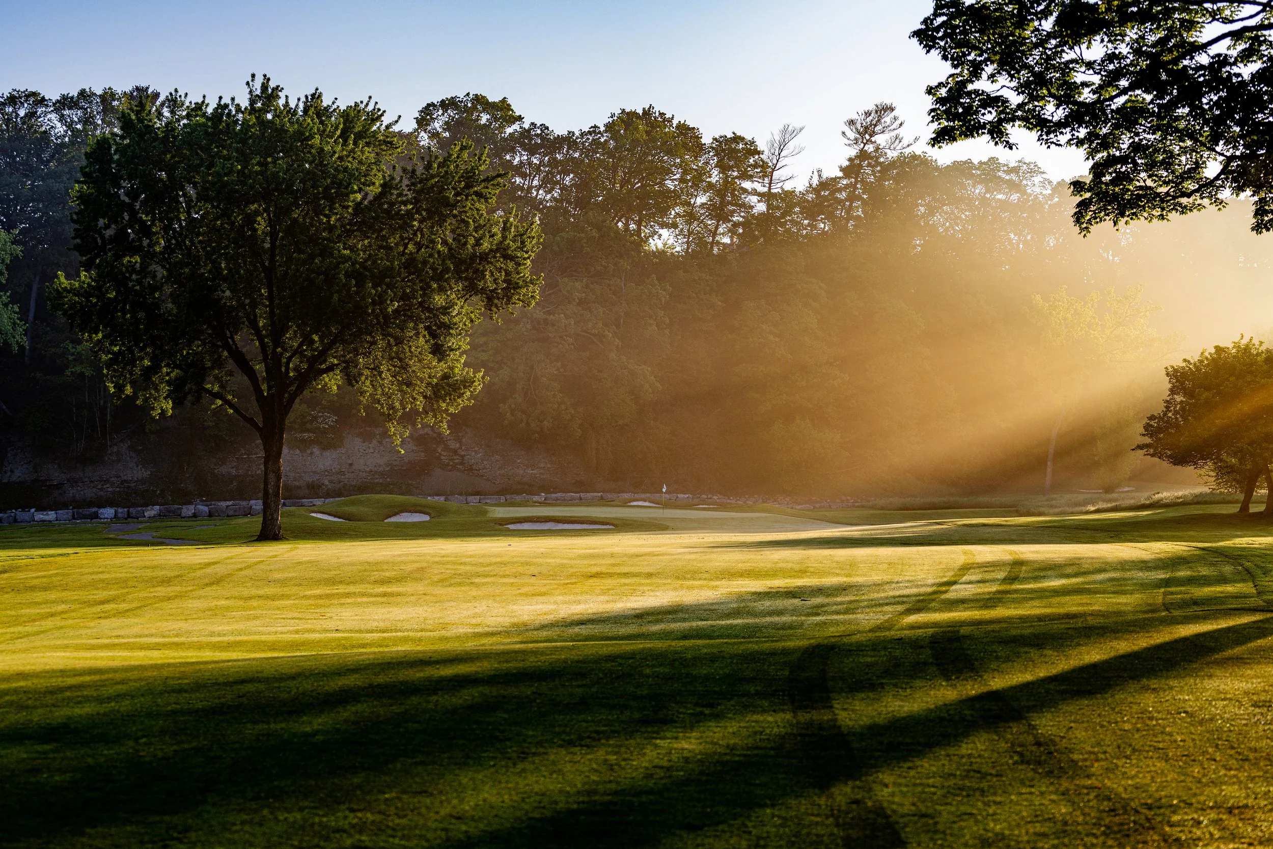A golf course during sunset with trees, a putting green, sand traps, and sunlight filtering through the branches.