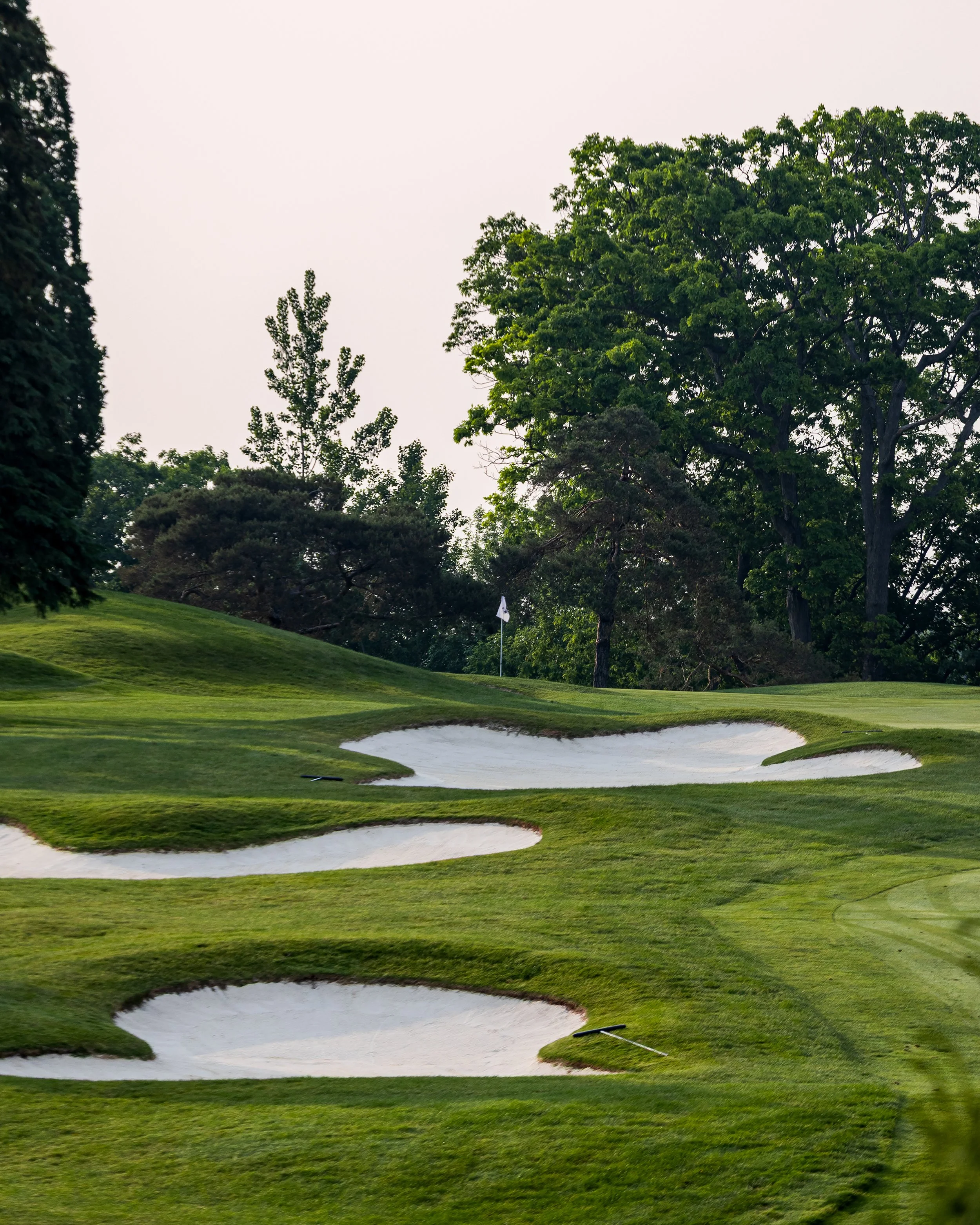 A golf course with a putting green, sand bunkers, and a flag on the green, surrounded by trees under an overcast sky.
