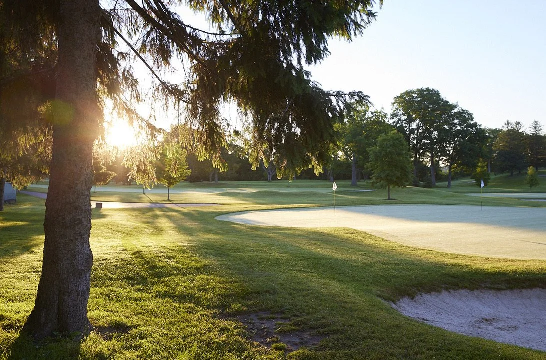Golf course with green grass, sand trap, and flags at the holes, sun setting behind trees, and large pine tree in foreground.