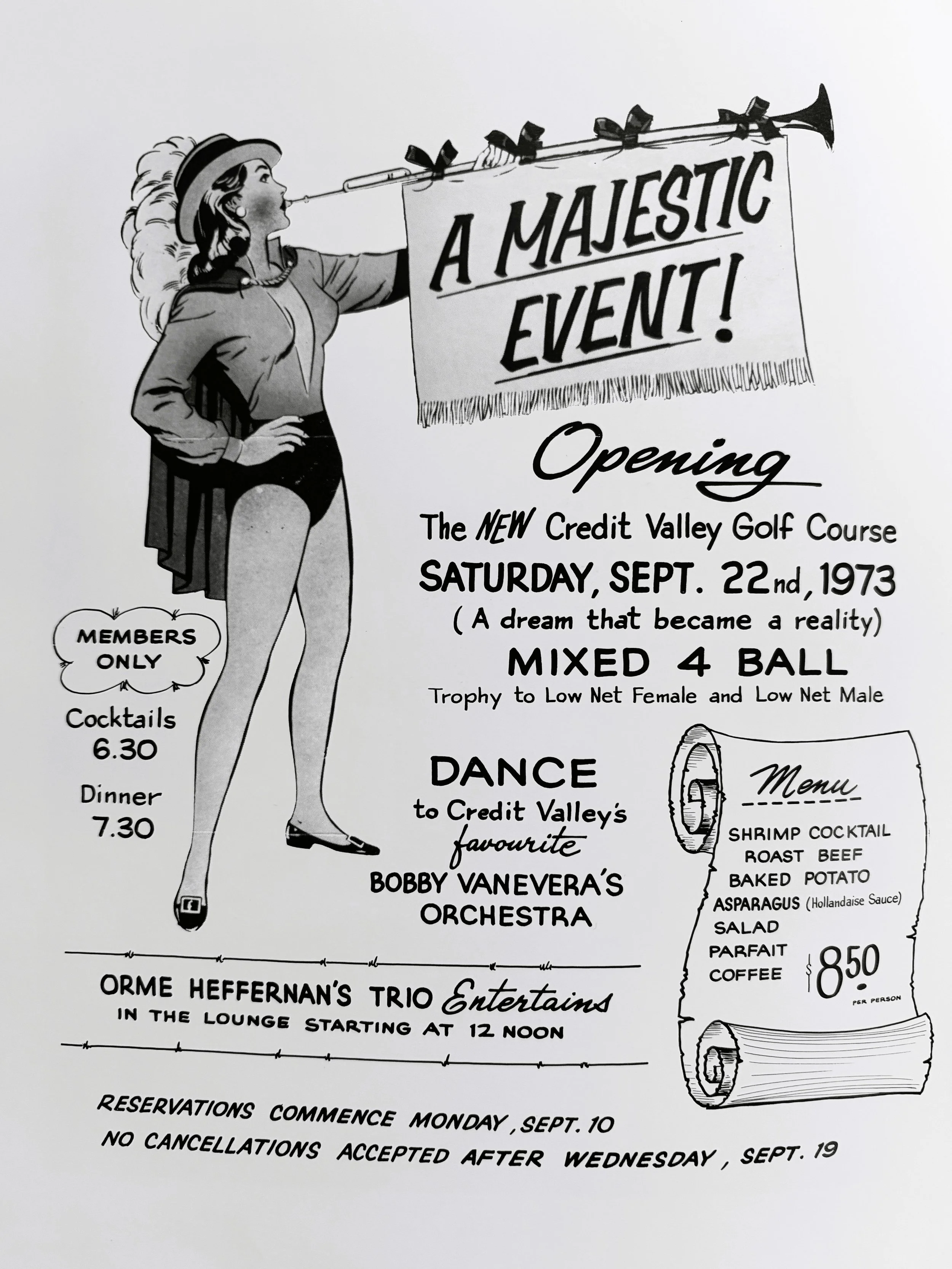 A vintage black and white advertisement featuring a woman in a dress and hat, holding a banner that reads 'A MAJESTIC EVENT!'. The event is an opening for the new Credit Valley Golf Course on Saturday, September 22, 1973, with entertainment, dance, and a menu of food and drinks, including a mixed four-ball golf tournament and performance by Bobby Vanevera's Orchestra.