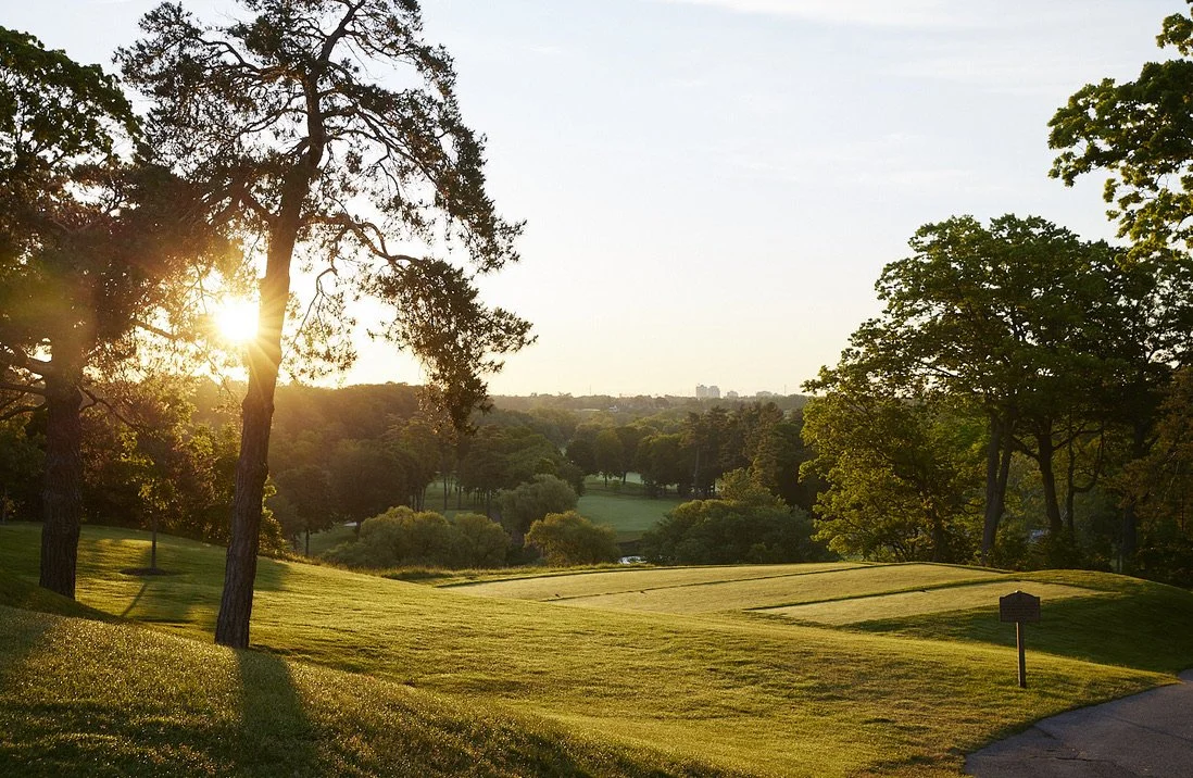A scenic view of a golf course during sunset with trees and green grass.
