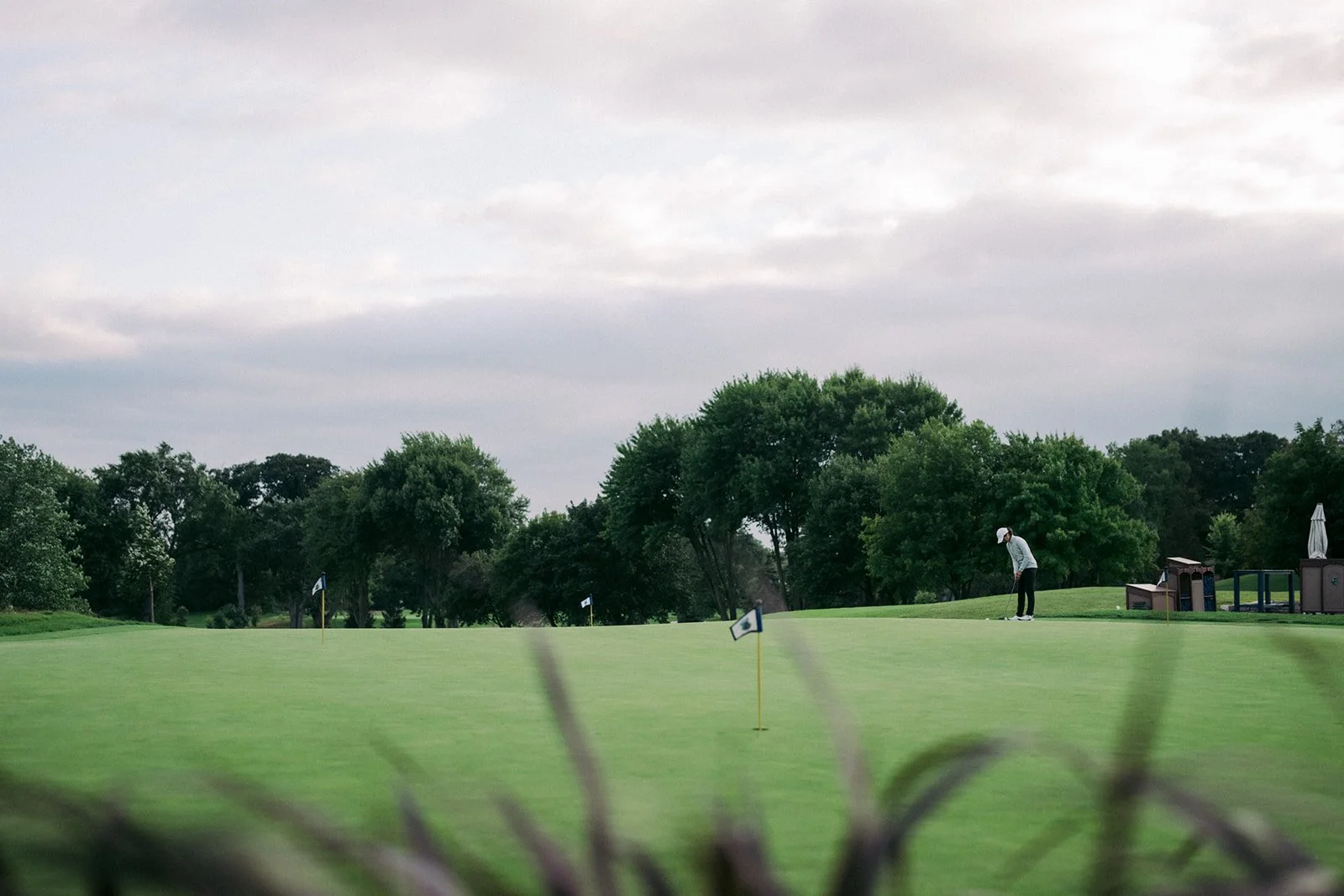 A person playing golf on a green golf course with trees in the background and a cloudy sky.