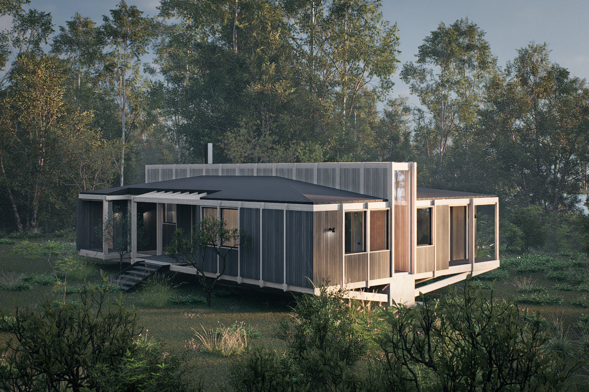 Una casa moderna de estructura de madera en medio de vegetación y árboles.