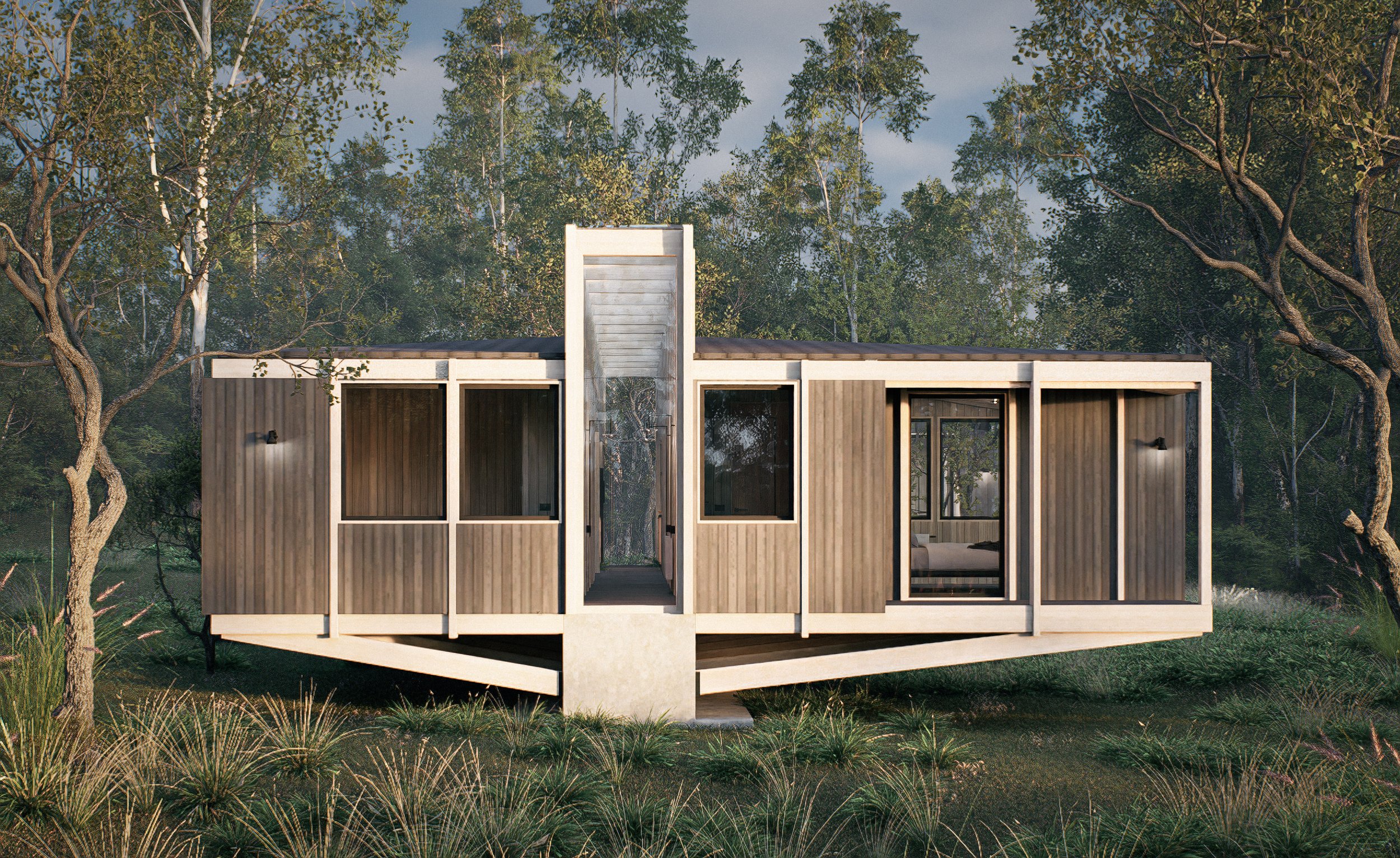 Casa moderna elevada en un entorno boscoso con paredes de madera y ventanas grandes.