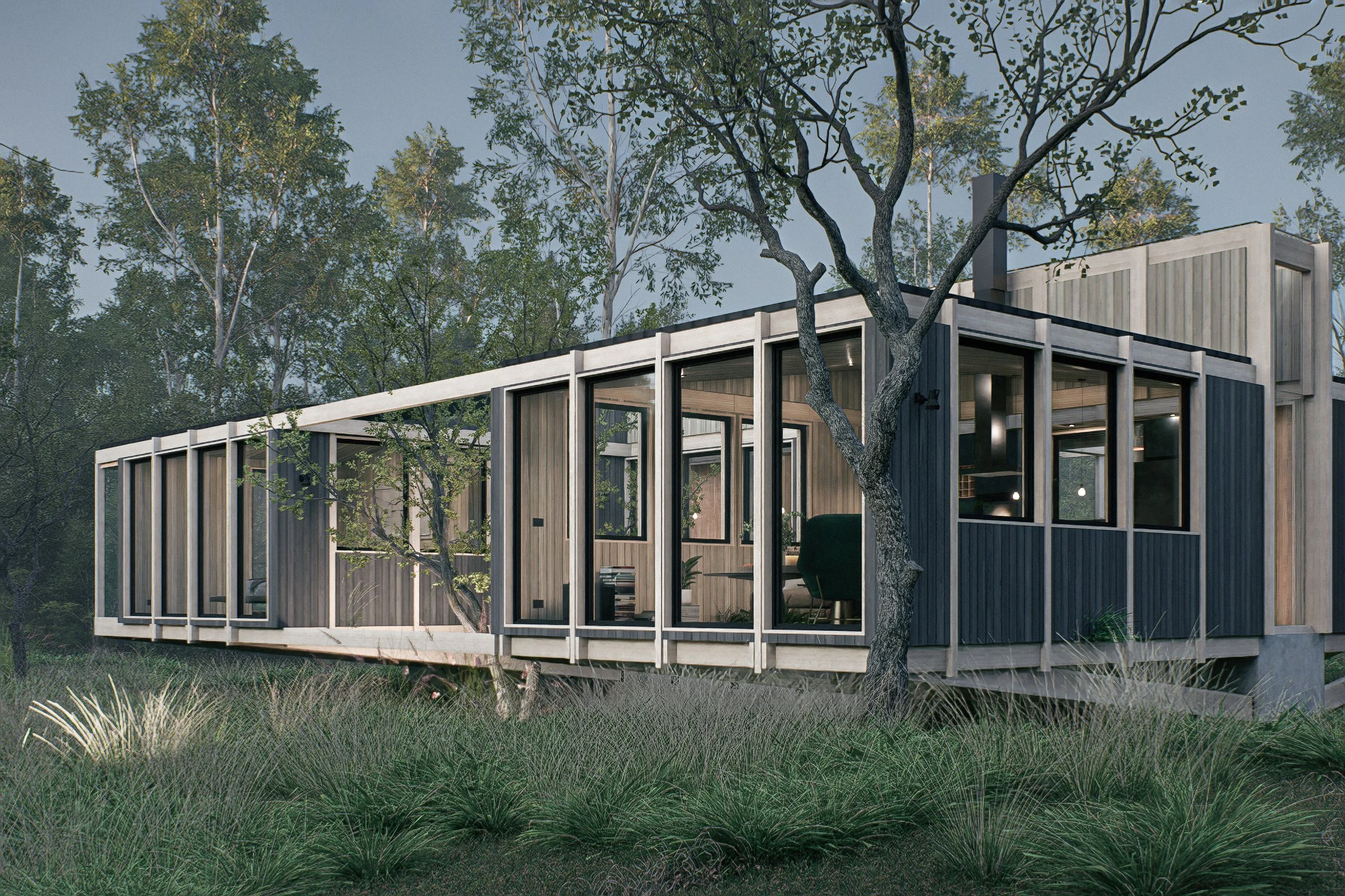 Casa moderna de madera con grandes ventanas, rodeada de árboles y hierba