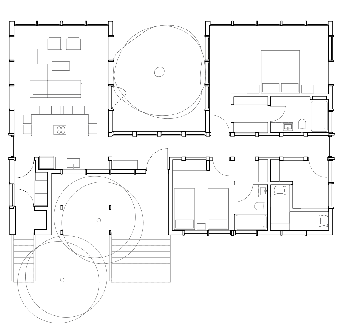 Plano arquitectónico de una casa con varias habitaciones, incluyendo salas, dormitorios, baño y áreas comunes, con árboles y escaleras en el exterior.
