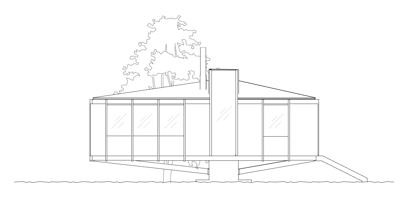Dibujo de una casa moderna con muchas ventanas y un árbol en el fondo.