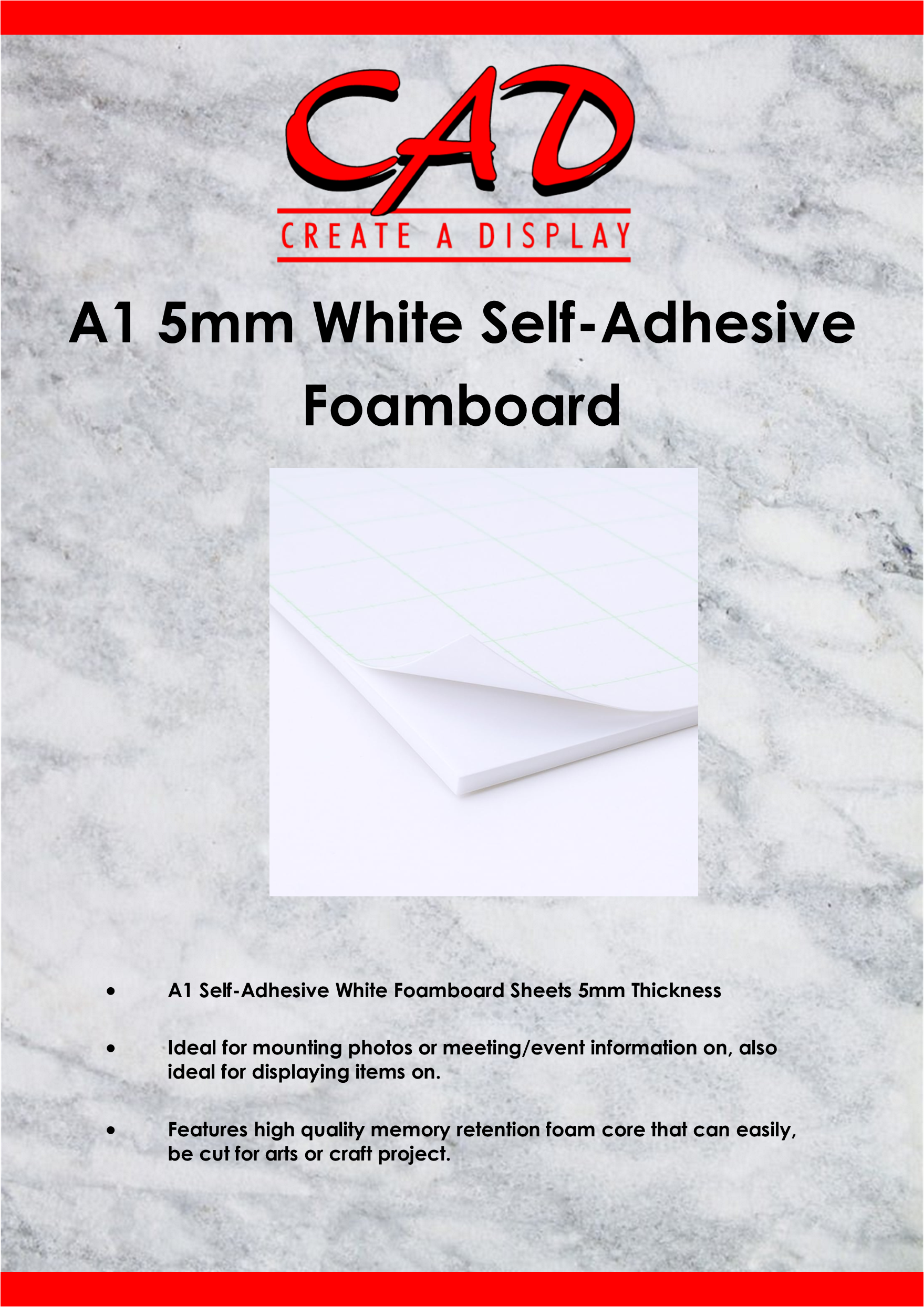 A1 Self-Adhesive 5mm White Foamboard x 10 Sheets