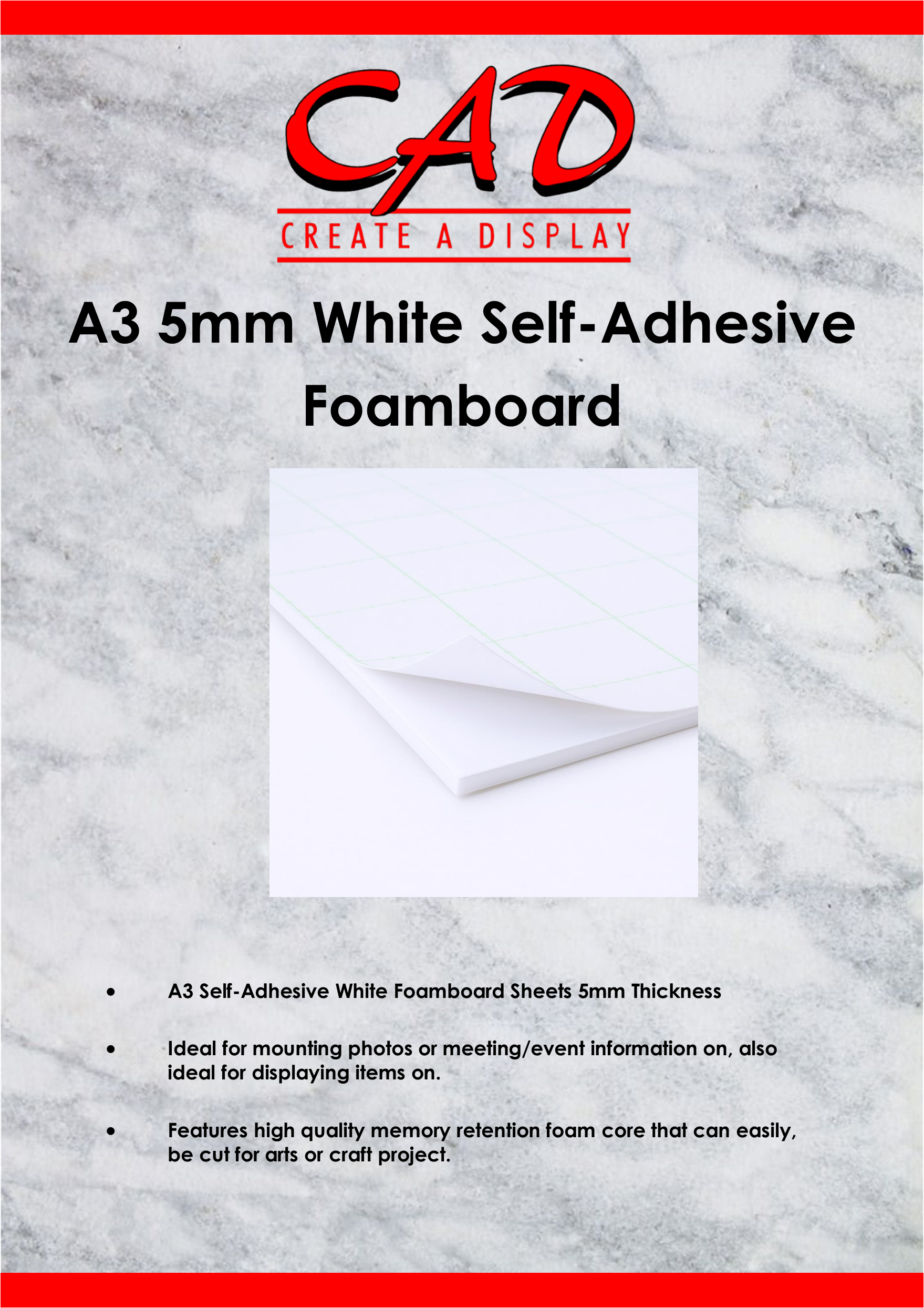 A3 Self-Adhesive 5mm White Foamboard x 10 Sheets
