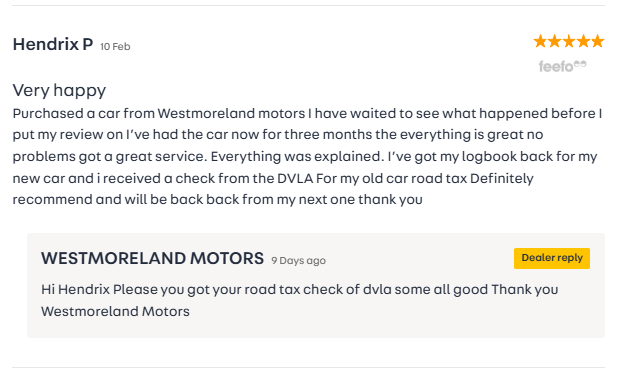 Customer review for Westmoreland Motors, with a positive rating, praising service and experience. Dealer response included.