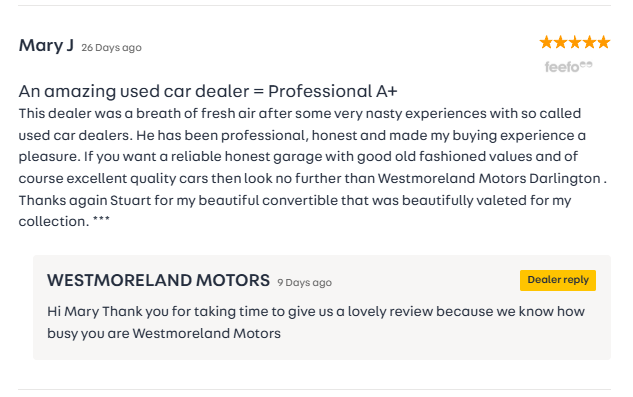 Screenshot of a customer review and response from Westmoreland Motors. Mary J gives a five-star review, praising the dealership for professionalism and quality service, mentioning a positive car-buying experience. The dealer responds with appreciation for the review.