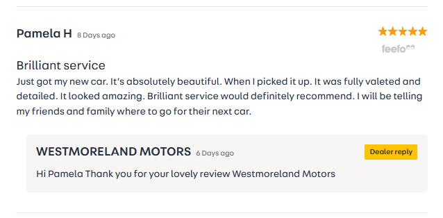 Customer review and dealership reply on a review platform. Pamela H gives a 5-star rating for "Brilliant service," praising the appearance and detailing of her new car from Westmoreland Motors. The dealership replies, thanking her for the positive review.