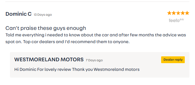 Customer review for Westmoreland Motors with a five-star rating. The review praises the dealership for their helpful advice and recommends them highly. A response from the dealership thanks the reviewer for their positive feedback.