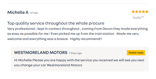 Customer review from Michelle A praising Westmoreland Motors for excellent service, mentioning contact ease, assistance from the train station, and a positive recommendation. Response from Westmoreland Motors expressing satisfaction with her positive experience.