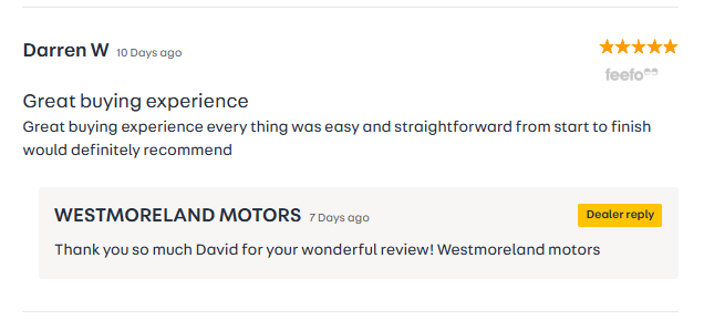 Customer review from Darren W, dated 10 days ago, praising Westmoreland Motors for a great buying experience, noting the process was easy and straightforward. Westmoreland Motors replied 7 days ago, thanking David for the positive review.