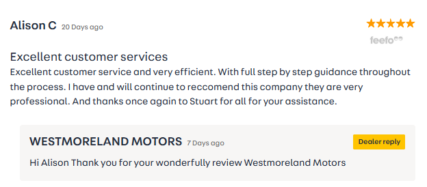Customer review for Westmoreland Motors with a response from the dealer. The review by Alison C praises excellent customer service and efficiency, mentioning step-by-step guidance and professionalism. The response thanks Alison for her review.