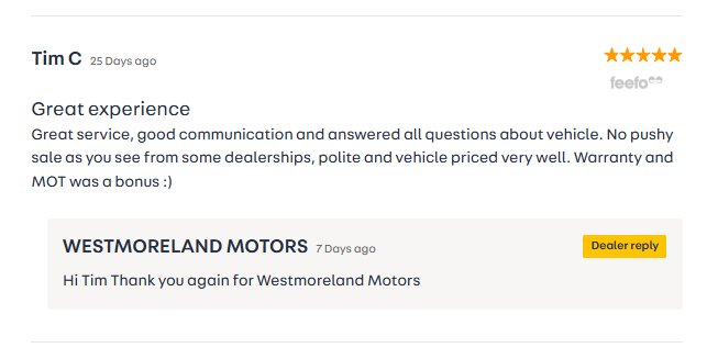Customer review for Westmoreland Motors, rating 5 stars. The review highlights great service, good communication, no pushy sales, and vehicle value. Includes dealership's reply thanking the reviewer.