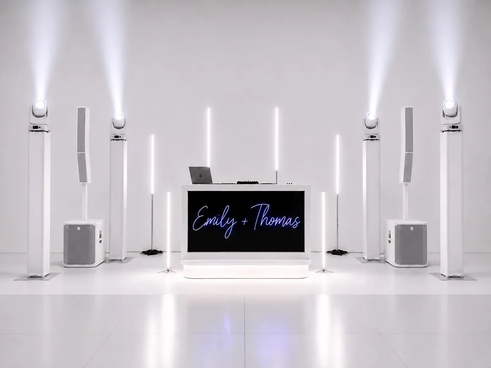 Diamond wedding DJ package with TV DJ booth, premium sound and full-room uplighting