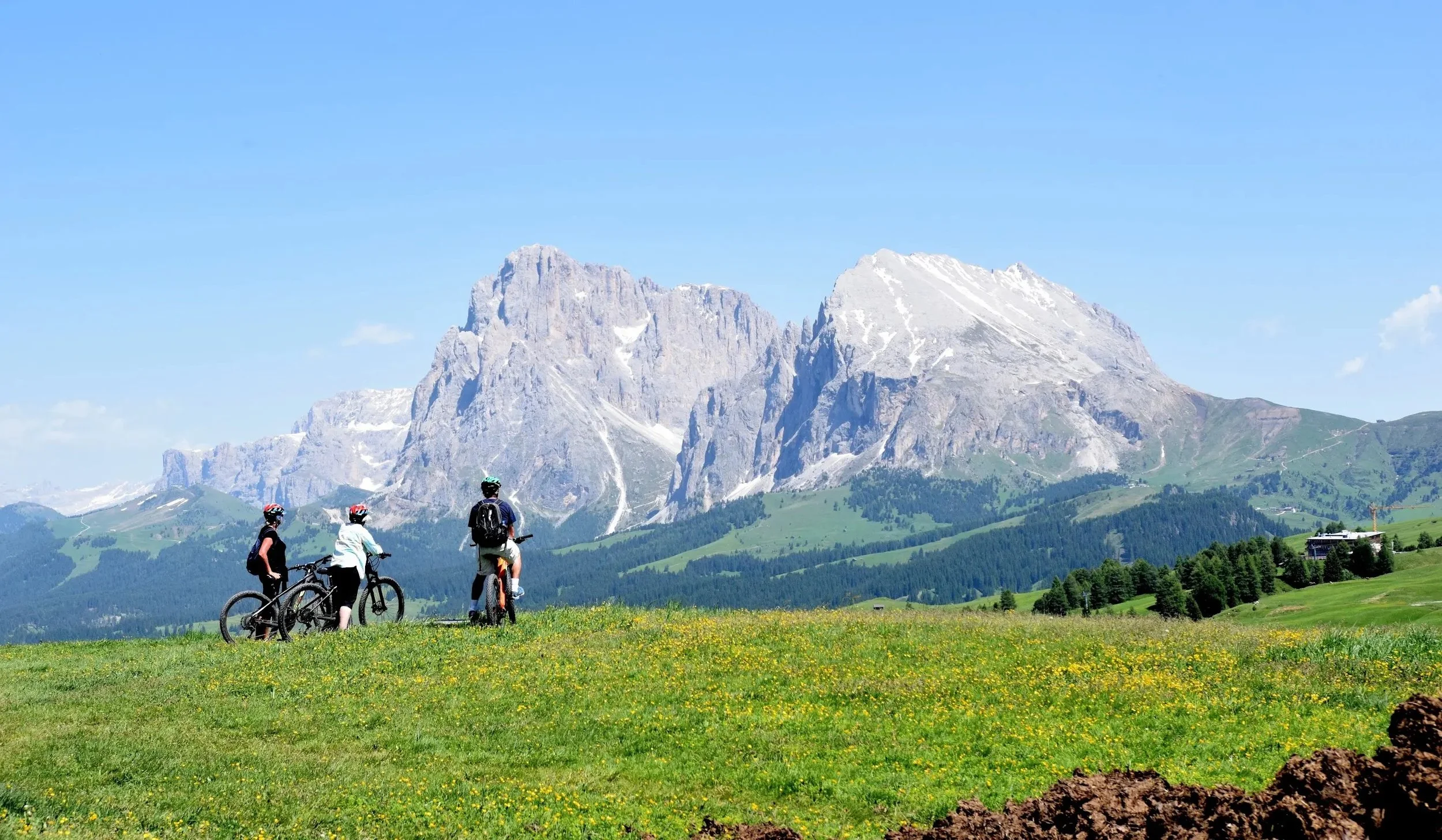 Cyclists on a grassy field with a view of the Dolomites mountains.